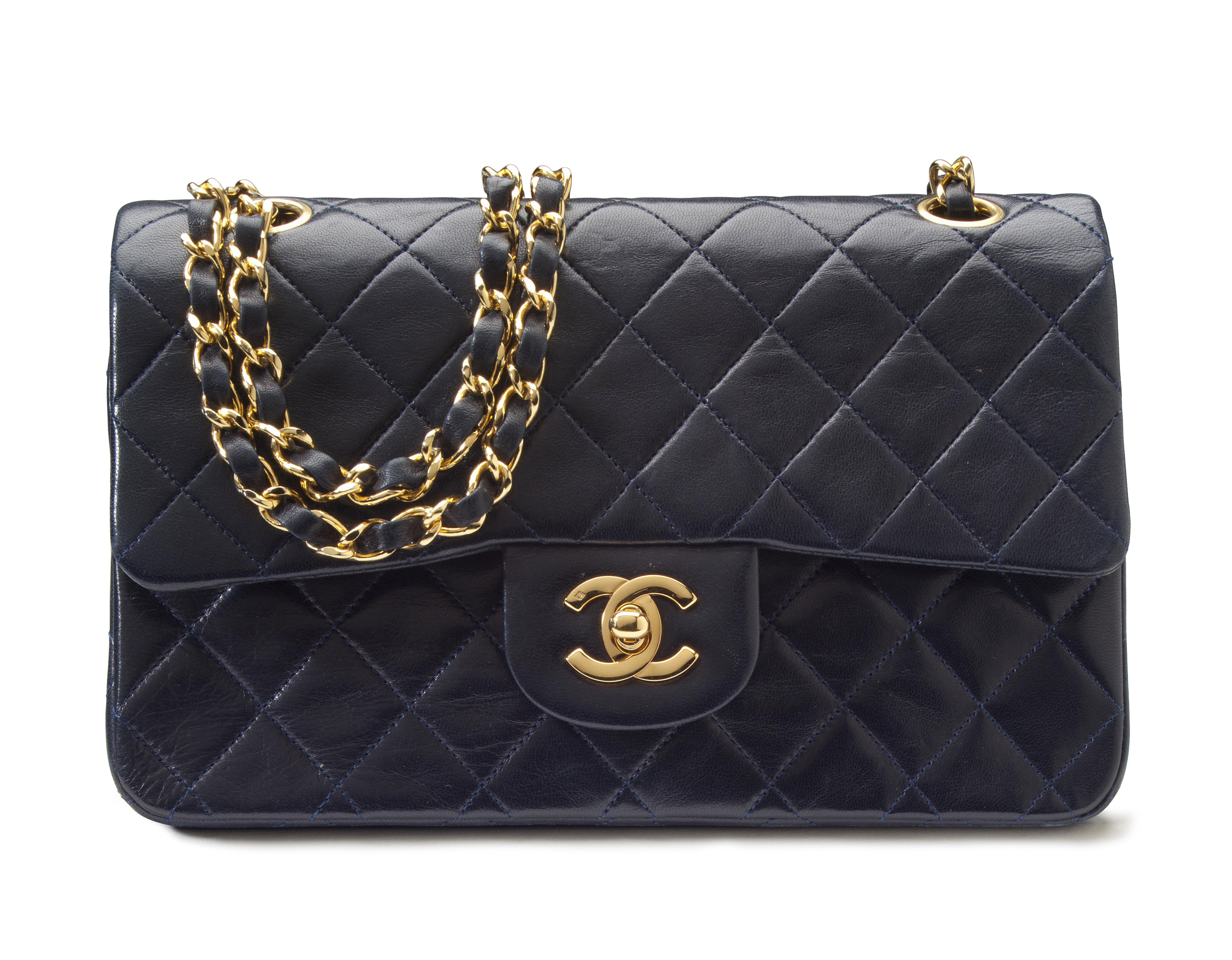 A NAVY LAMBSKIN LEATHER SMALL DOUBLE FLAP BAG, CHANEL, 1989-1991