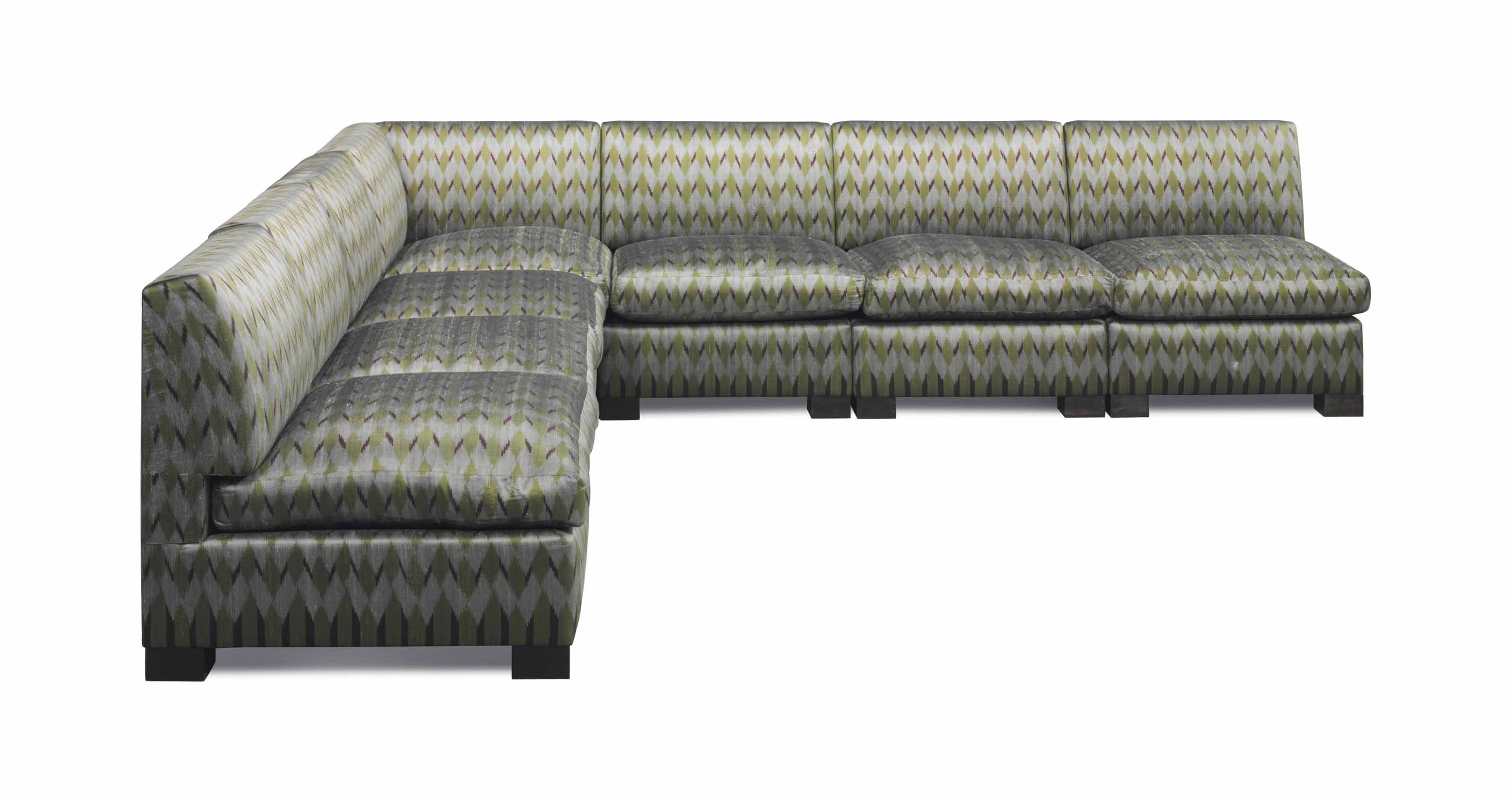 A Seven Piece Raw Silk Upholstered Corner Banquette Designed By