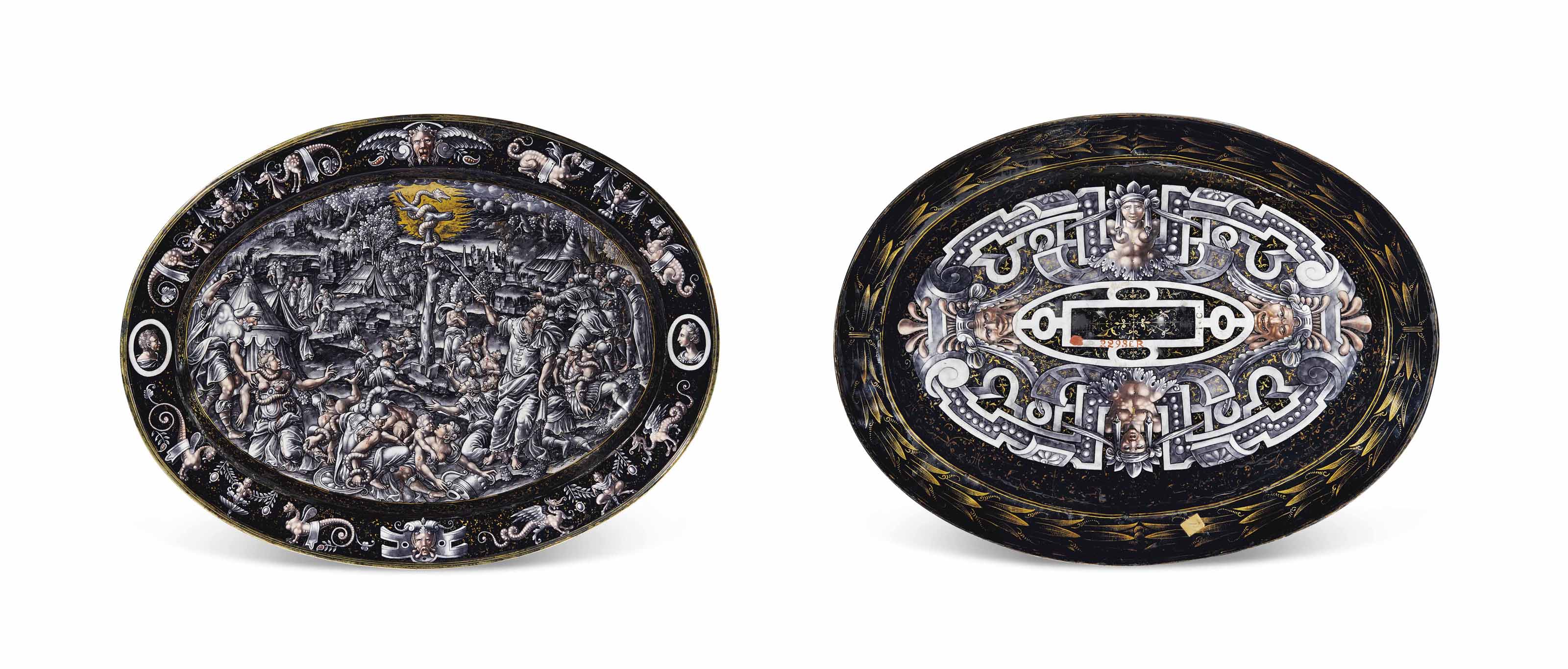 PLAT EN EMAIL PEINT EN GRISAILLE A REHAUTS OR REPRESENTANT MOISE MONTRANT LE SERPENT DAIRAIN PLAT EN EMAIL PEINT EN GRISAILLE A... 