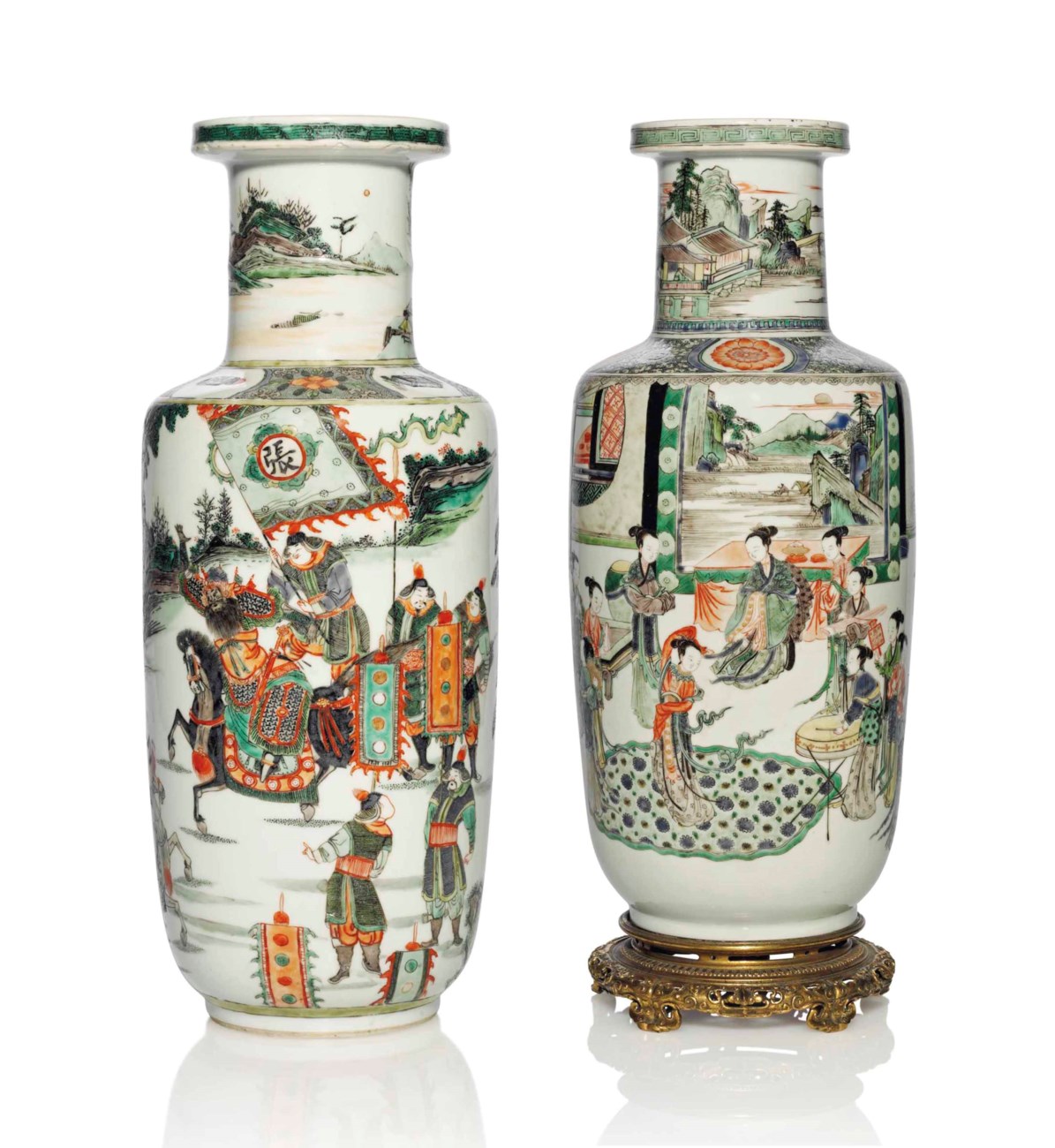 DEUX VASES ROULEAU EN PORCELAINE DE LA FAMILLE VERTE , CHINE, DYNASTIE