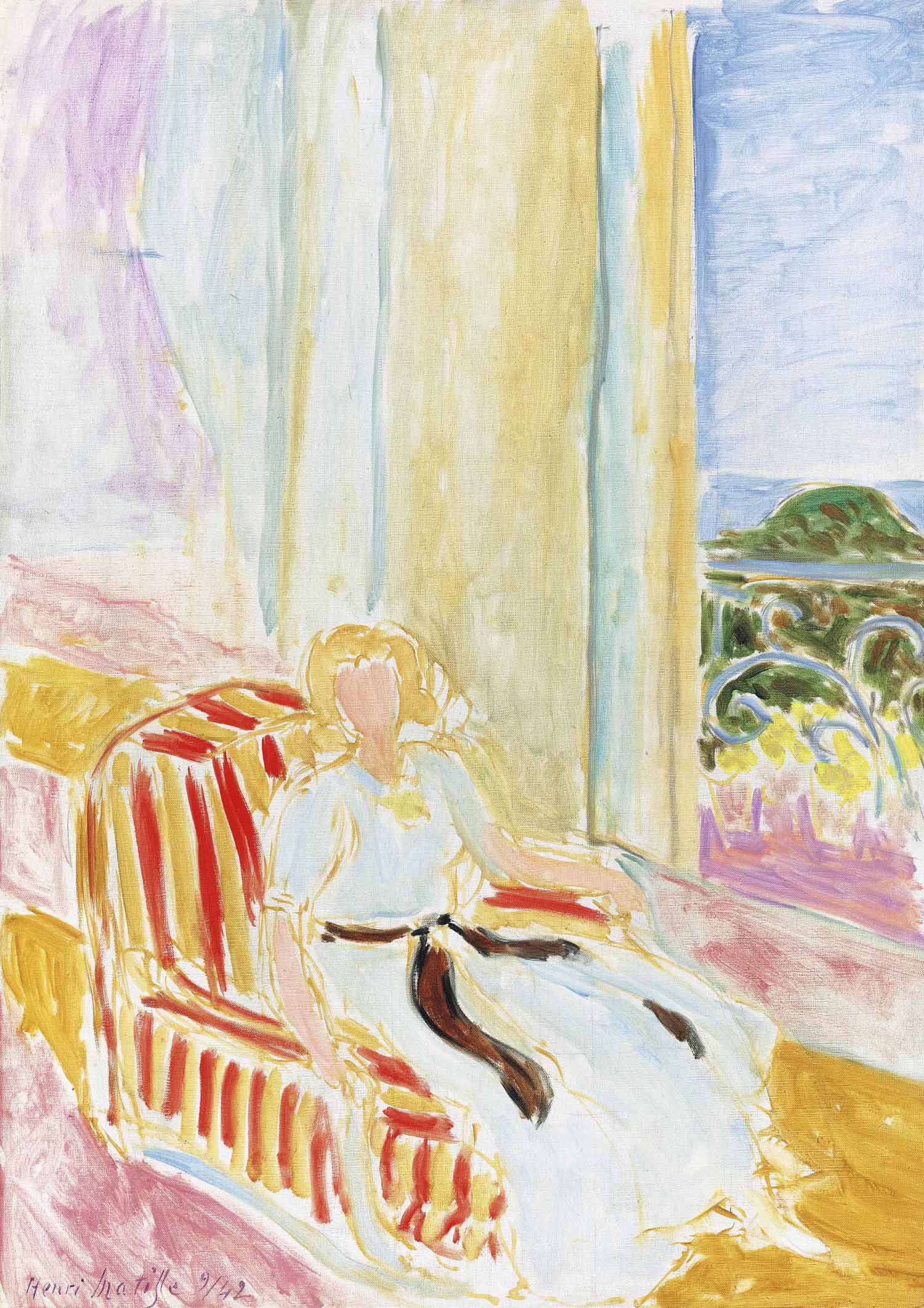 Jeune fille en robe blanche, assise près de la fenêtre 
