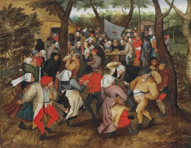 Pieter Brueghel II (15645-16378), The Outdoor Wedding Dance. Oil on oak panel. The reverse of this 16th-century oil painting panel, right, shows the brand of the city of Antwerp a pair of hands above a castle