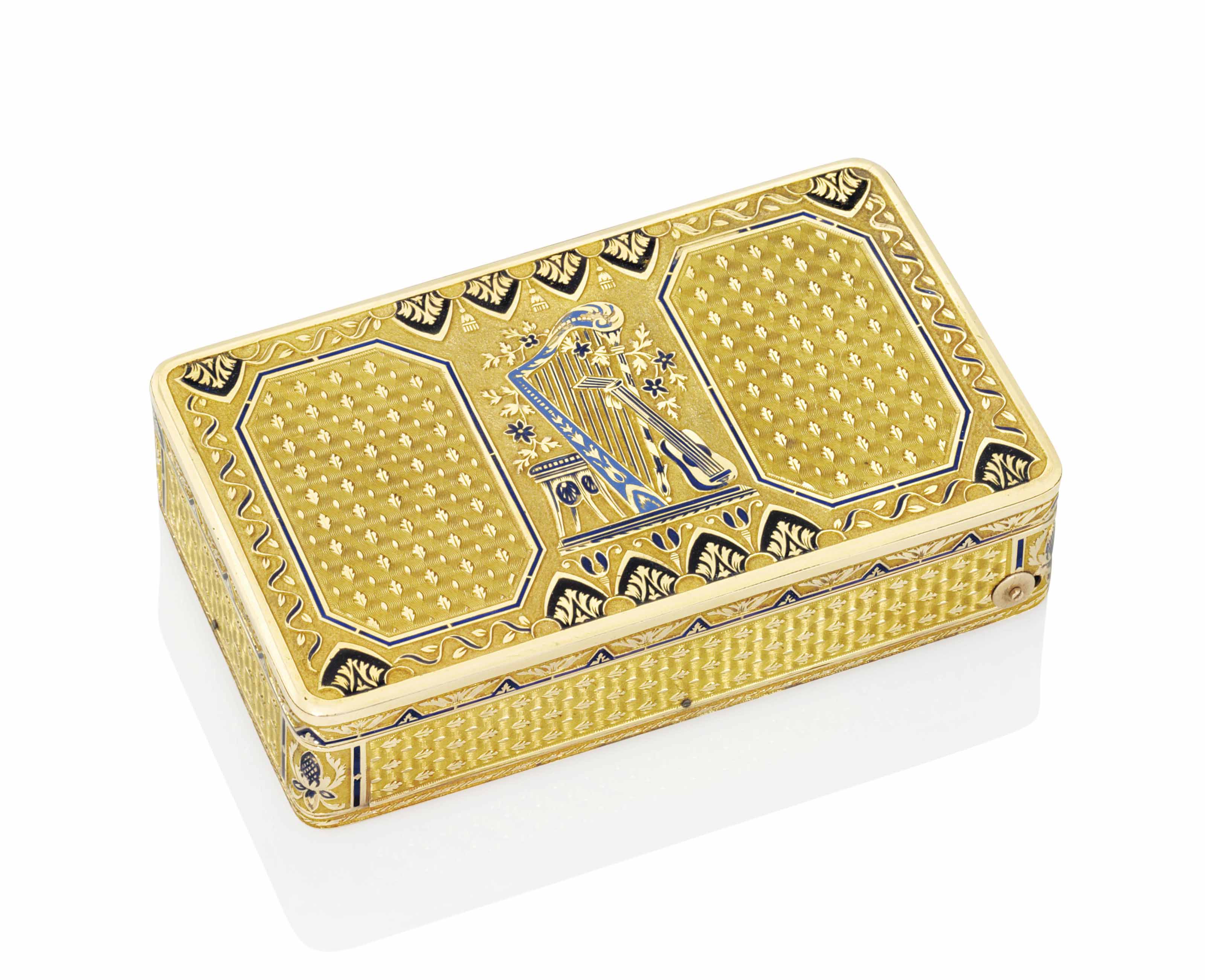 A SWISS ENAMELLED GOLD MUSICAL SNUFFBOX , MAKER'S MARK INDISTINCT