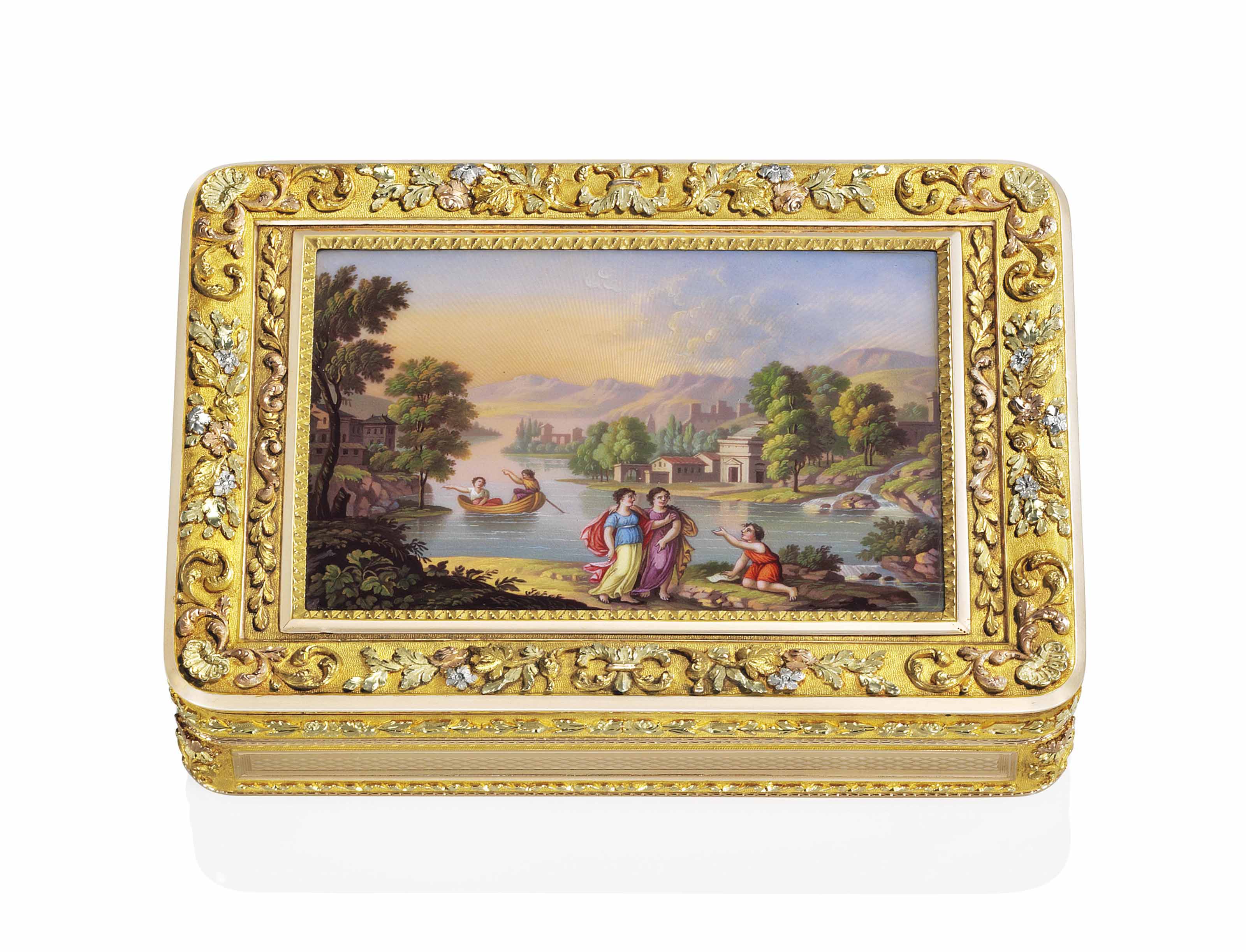 A SWISS JEWELLED AND ENAMELLED GOLD SNUFF-BOX