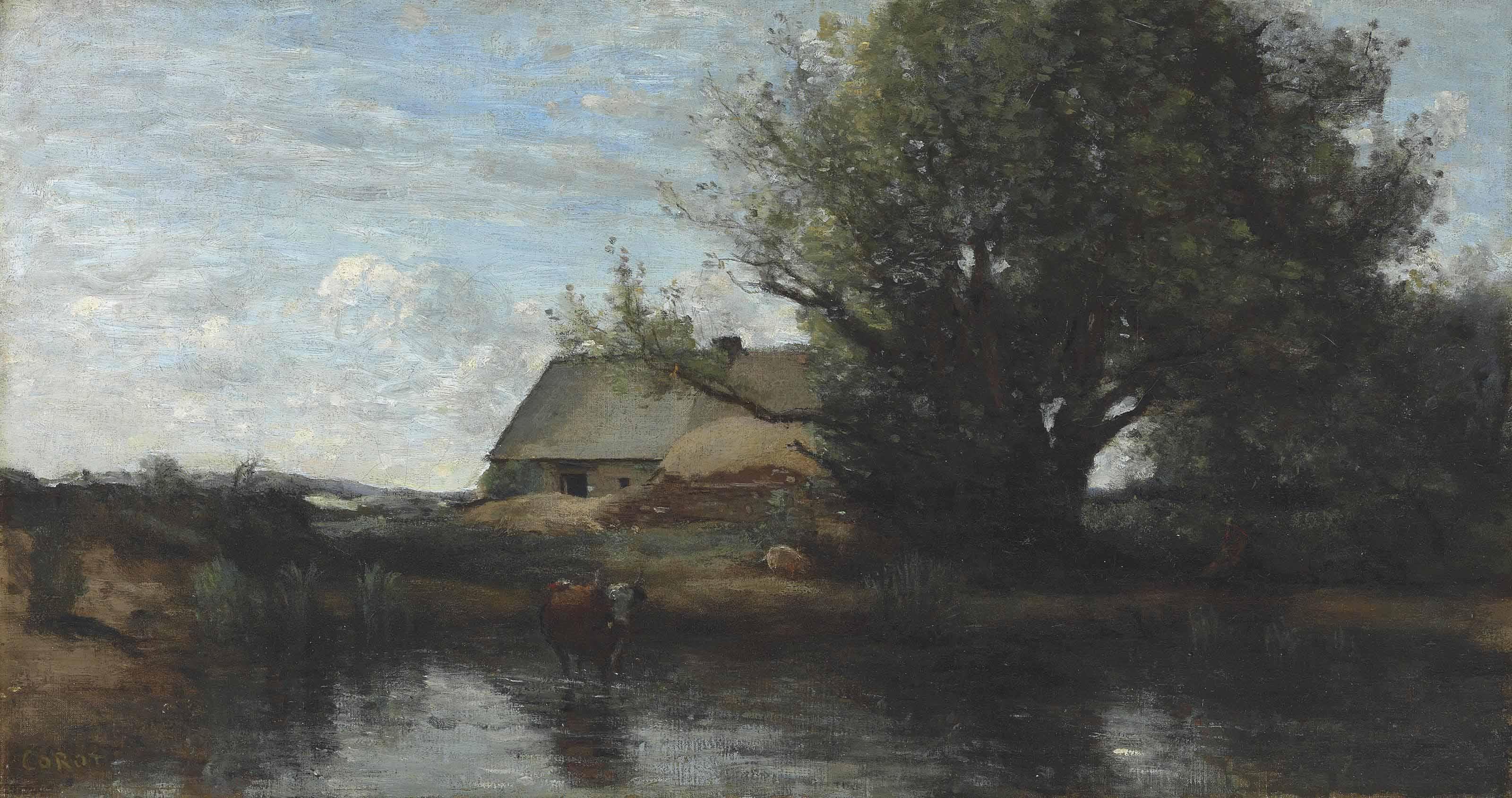 Ferme au bord d'un étang. Paysage de Bretagne
