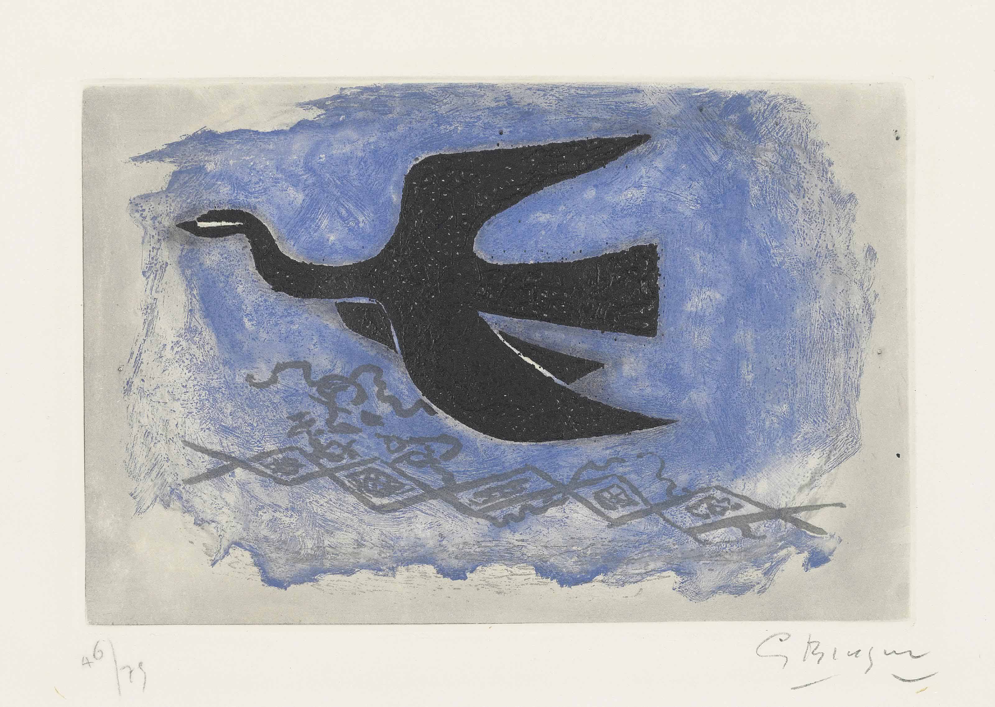 Georges Braque 1882 1963 Oiseau Noir Sur Fond Bleu