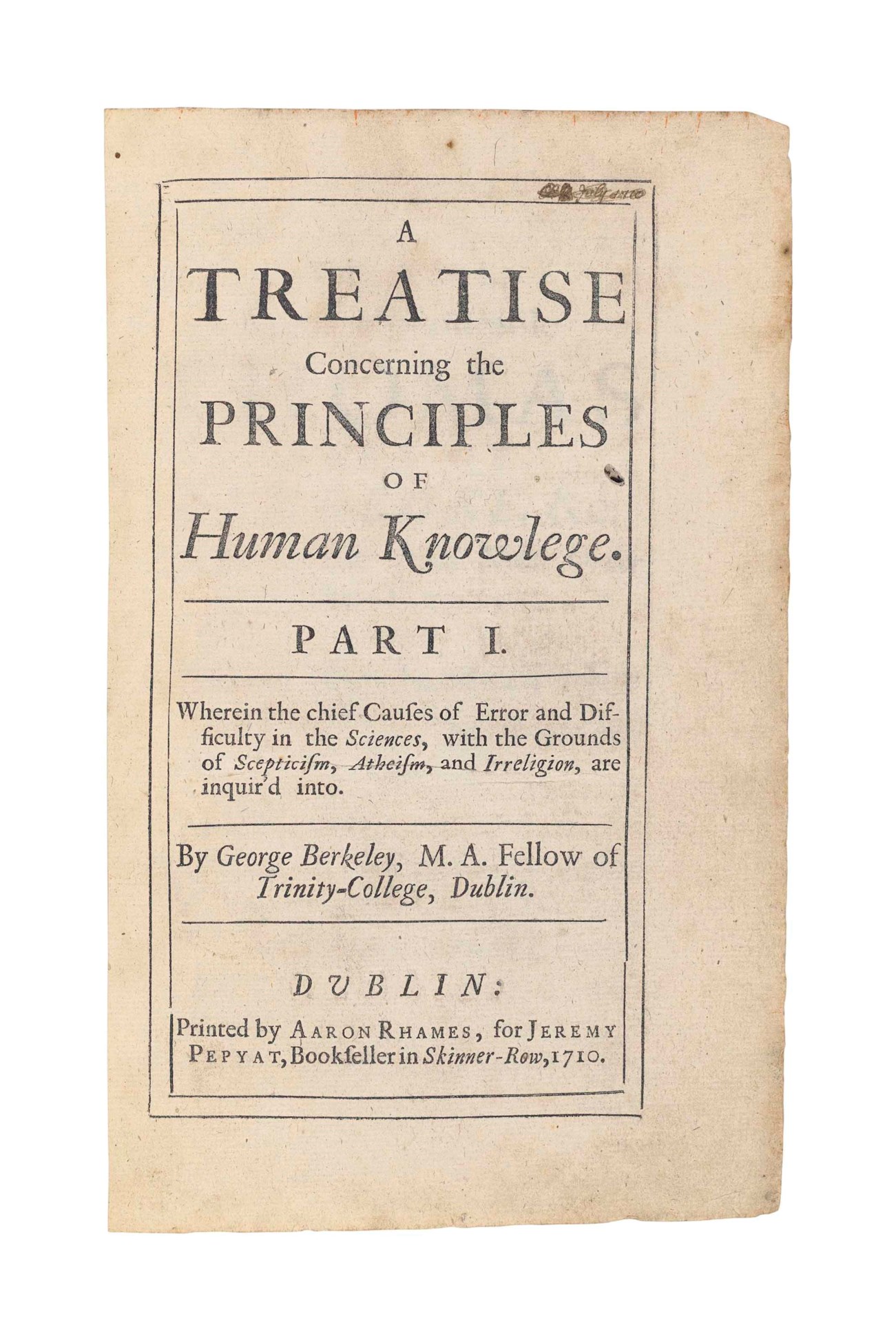 BERKELEY, George (1685-1753). A Treatise concerning the Principles of ...