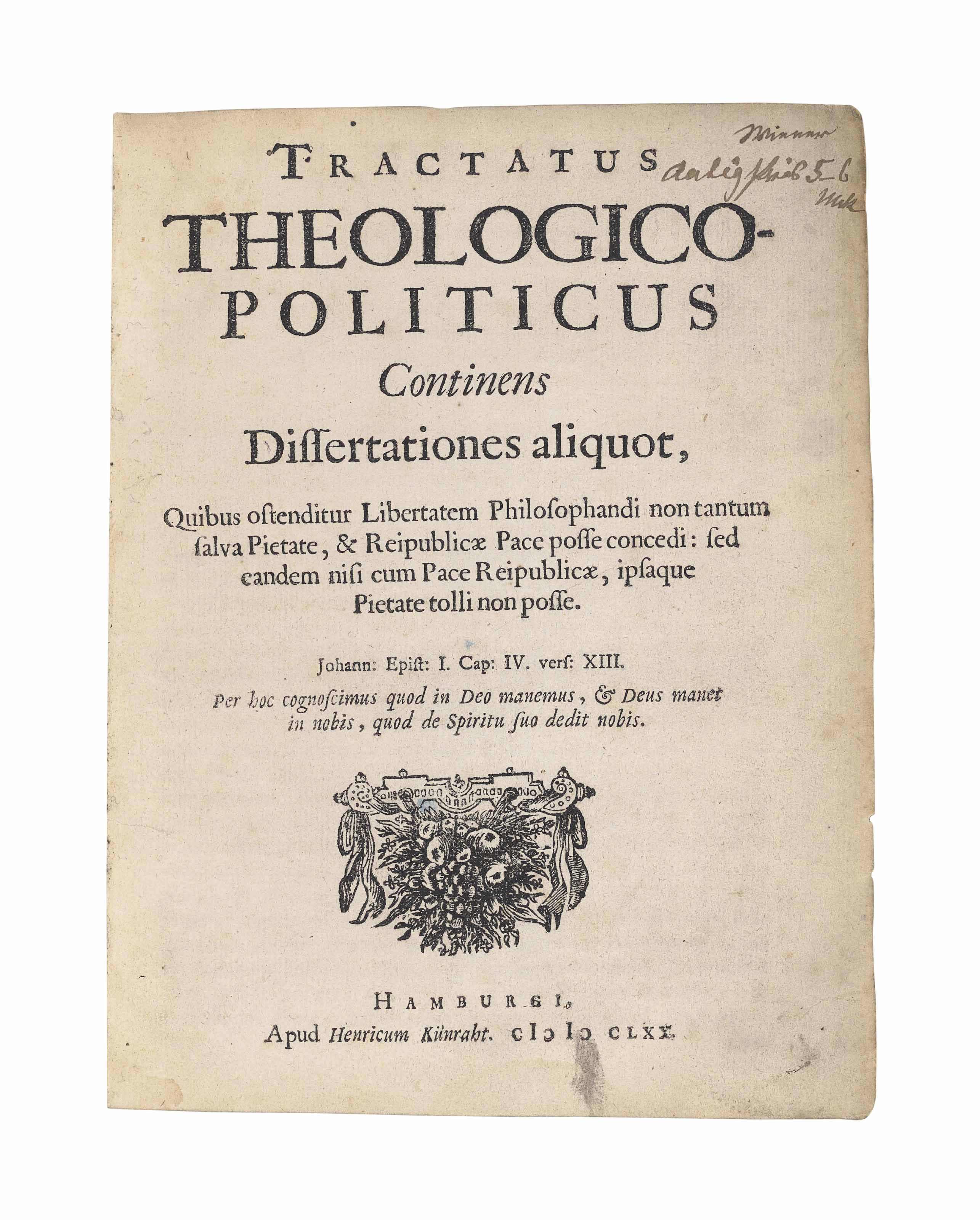 spinoza baruch later benedictus de 1632 1677 tractatus theologico politicus hamburg henricus kunraht 1670