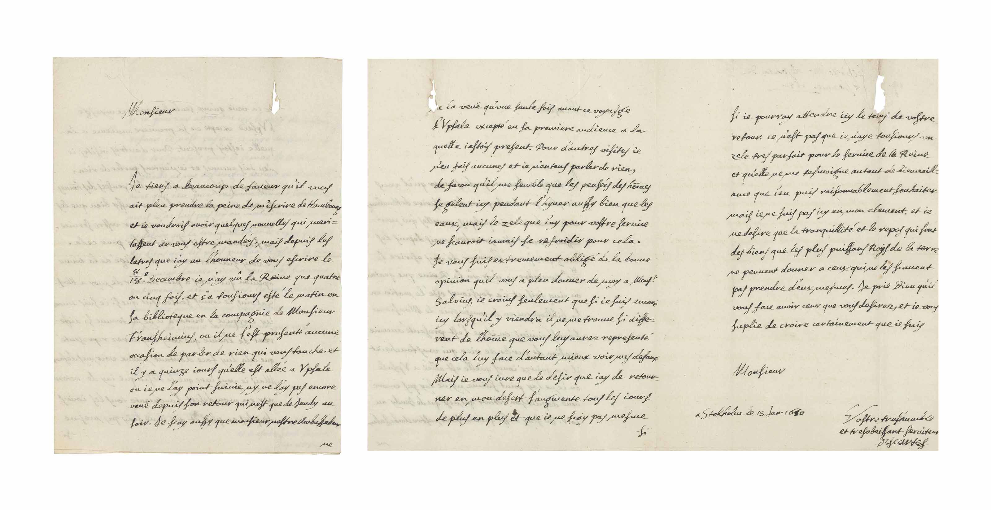 Descartes Rene 1596 1650 Autograph Letter Signed Descartes To M De Flessel Vicomte De Bregy Stockholm