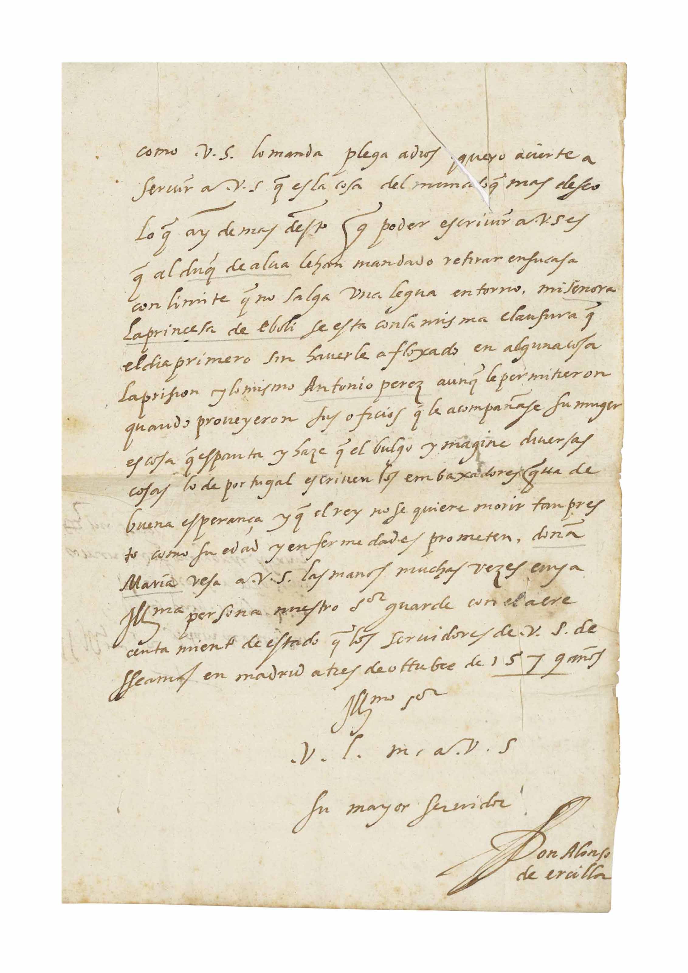 ERCILLA Y ZÚÑIGA, ALONSO DE (15331594). Autograph letter signed ('Don