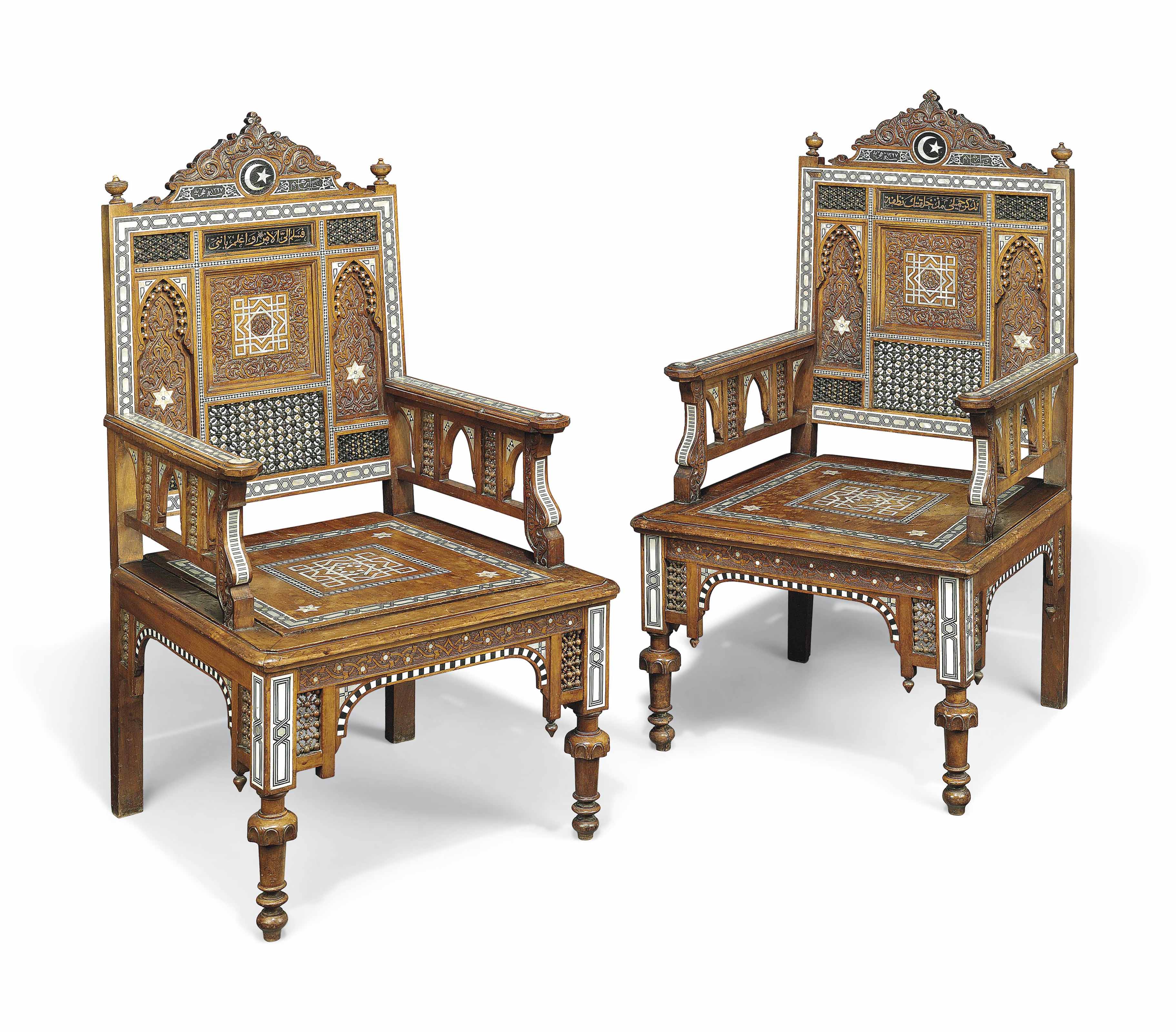 A Pair Of Mother Of Pearl Inlaid Chairs Signed Habib Ibrahim