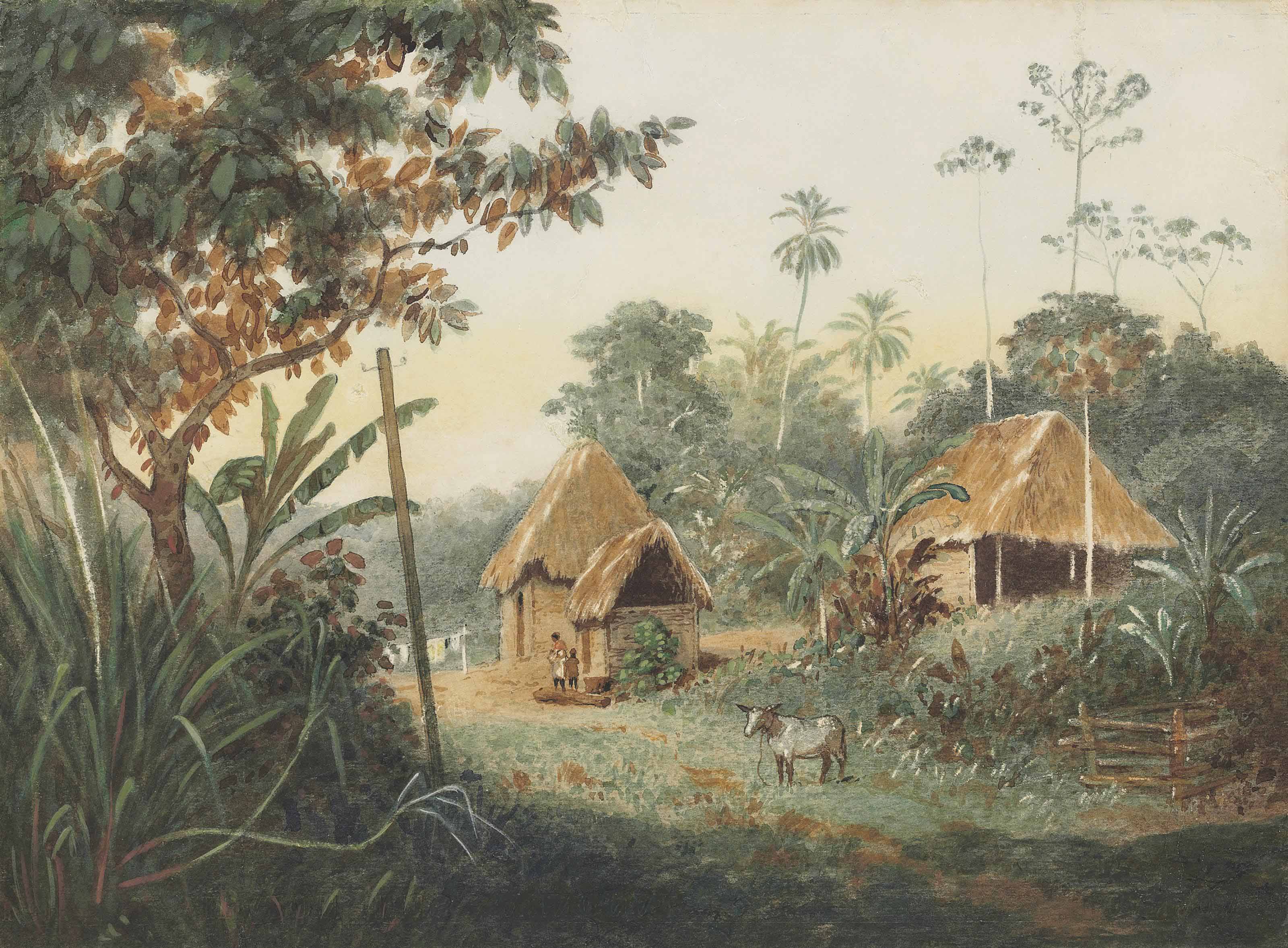 Michel Jean Cazabon (18131888) , Thatched huts on a cocoa estate