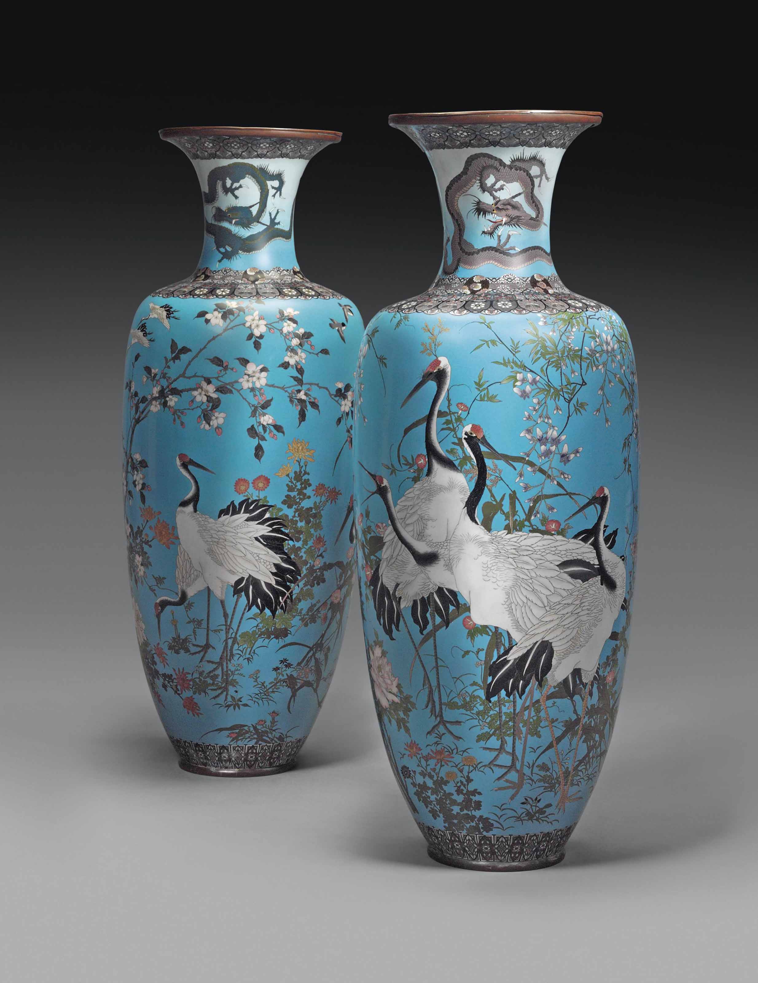 A PAIR OF LARGE JAPANESE CLOISONNE ENAMEL VASES