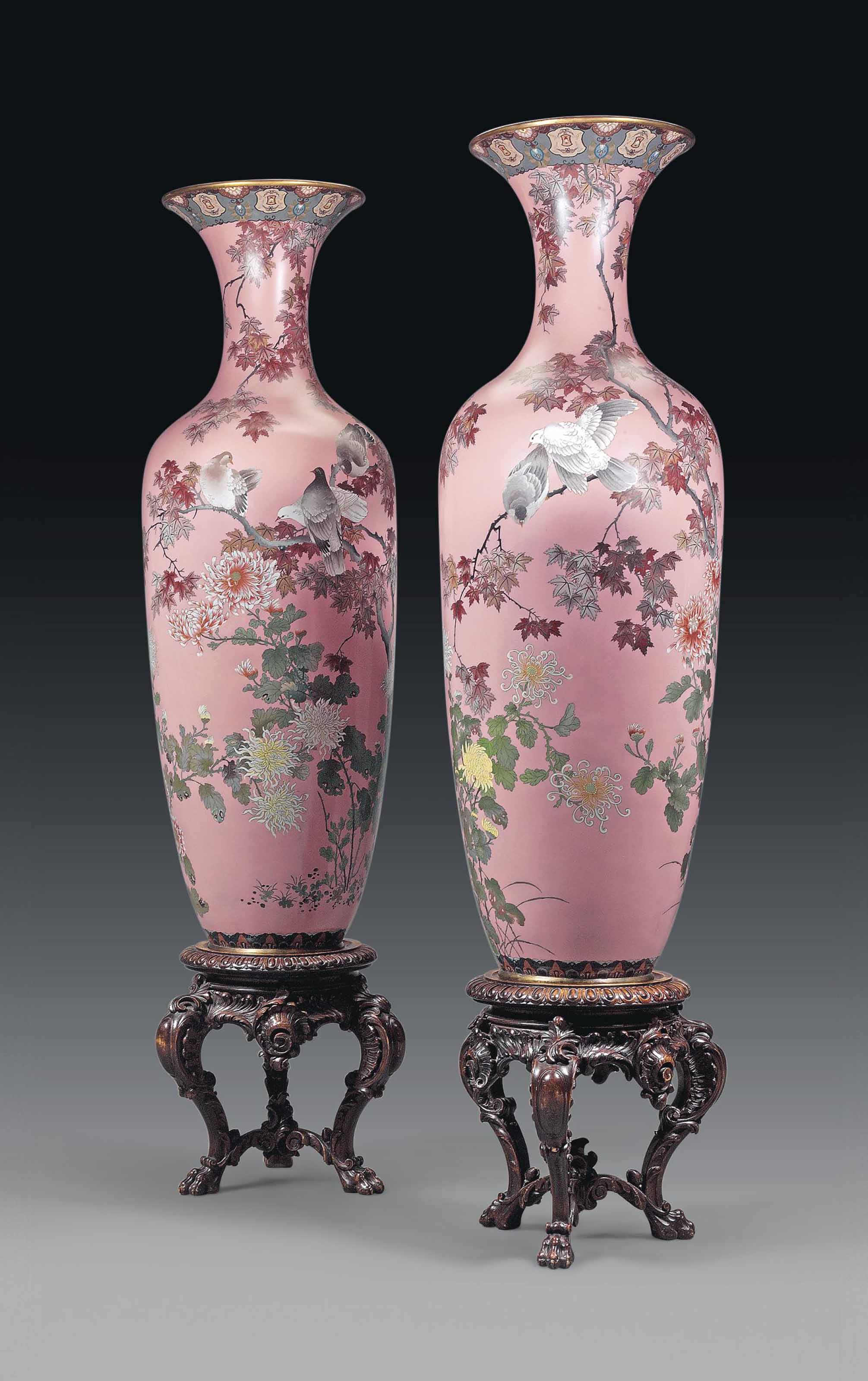 A PAIR OF LARGE JAPANESE CLOISONNE ENAMEL VASES, ON STANDS , MEIJI