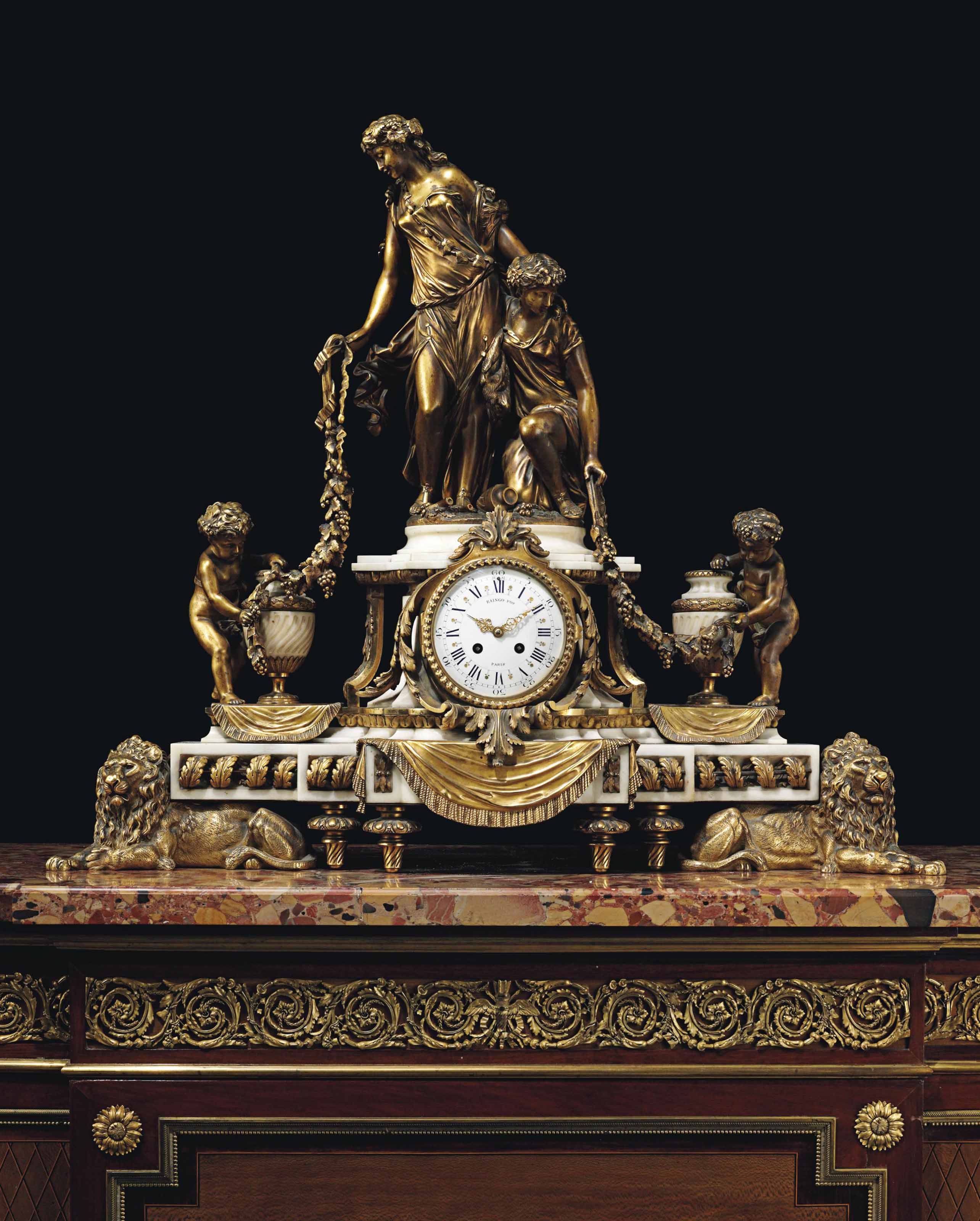 A LARGE FRENCH ORMOLU AND MARBLE FIGURAL MANTEL CLOCK , BY RAINGO FRÈRES, PARIS, THIRD QUARTER