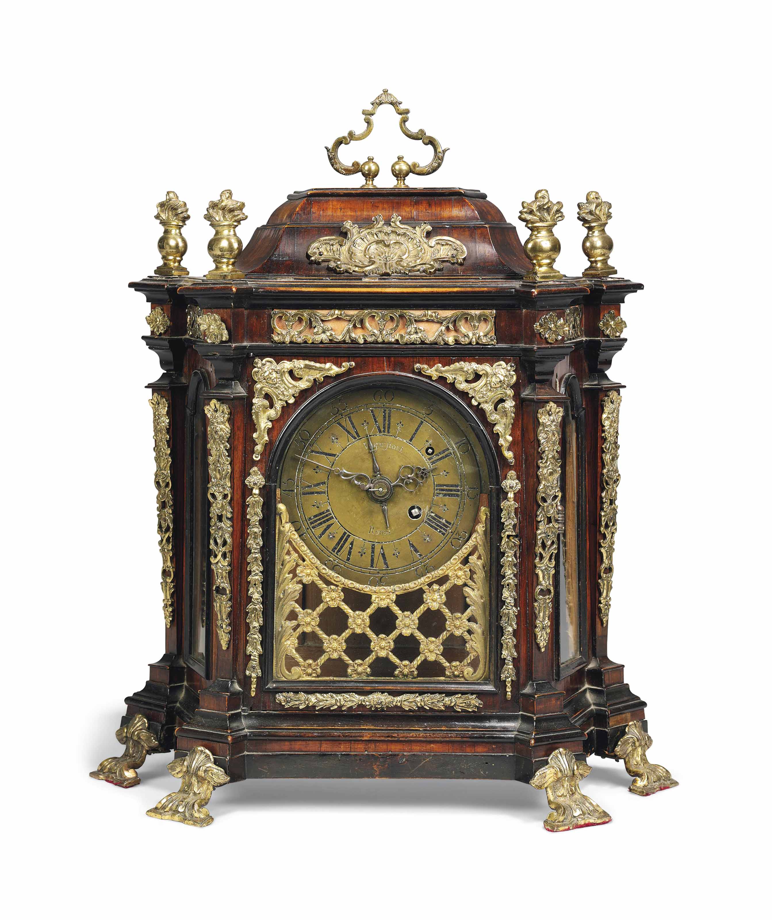 AN ITALIAN GILTBRASS MOUNTED ROSEWOOD AND EBONISED STRIKING MANTEL