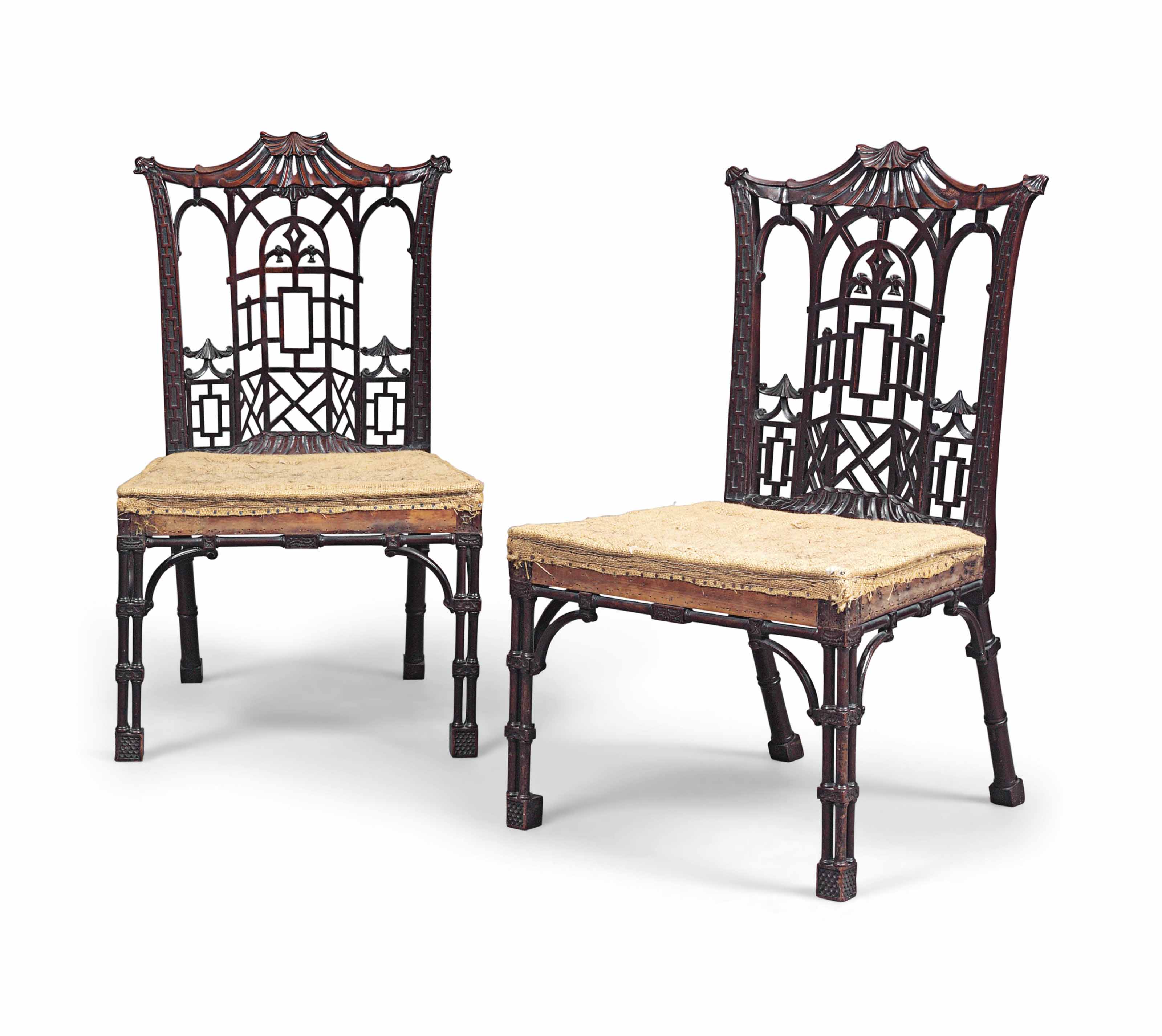 A PAIR OF EARLY GEORGE III 'CHINESE CHIPPENDALE' MAHOGANY SIDE CHAIRS