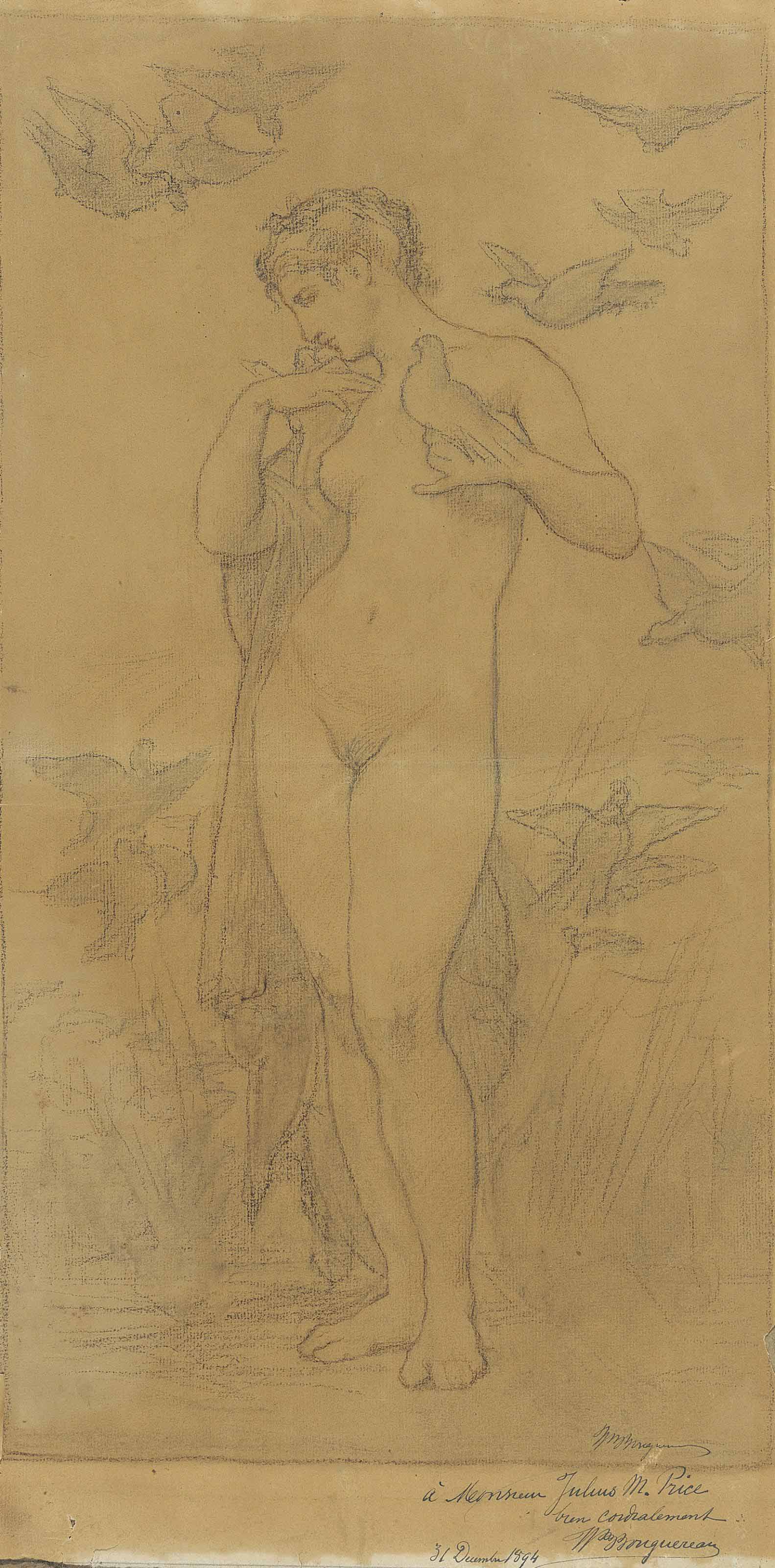 A standing female nude surrounded by doves
