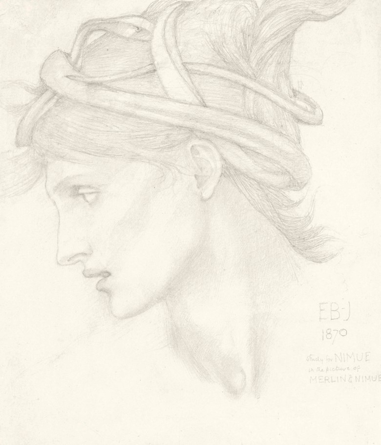 Edward Coley Burne-Jones 爵士，Bt.，ARA，RWS（1833-1898 年），Maria Zambaco 为 Nimue 在 The Beguiling of Merlin 中的首席研究。 铅笔在纸上。 8 x 6¾ 英寸（20.3 x 17.2 厘米）。 2015 年 12 月 16 日在伦敦佳士得以 92,500 英镑售出