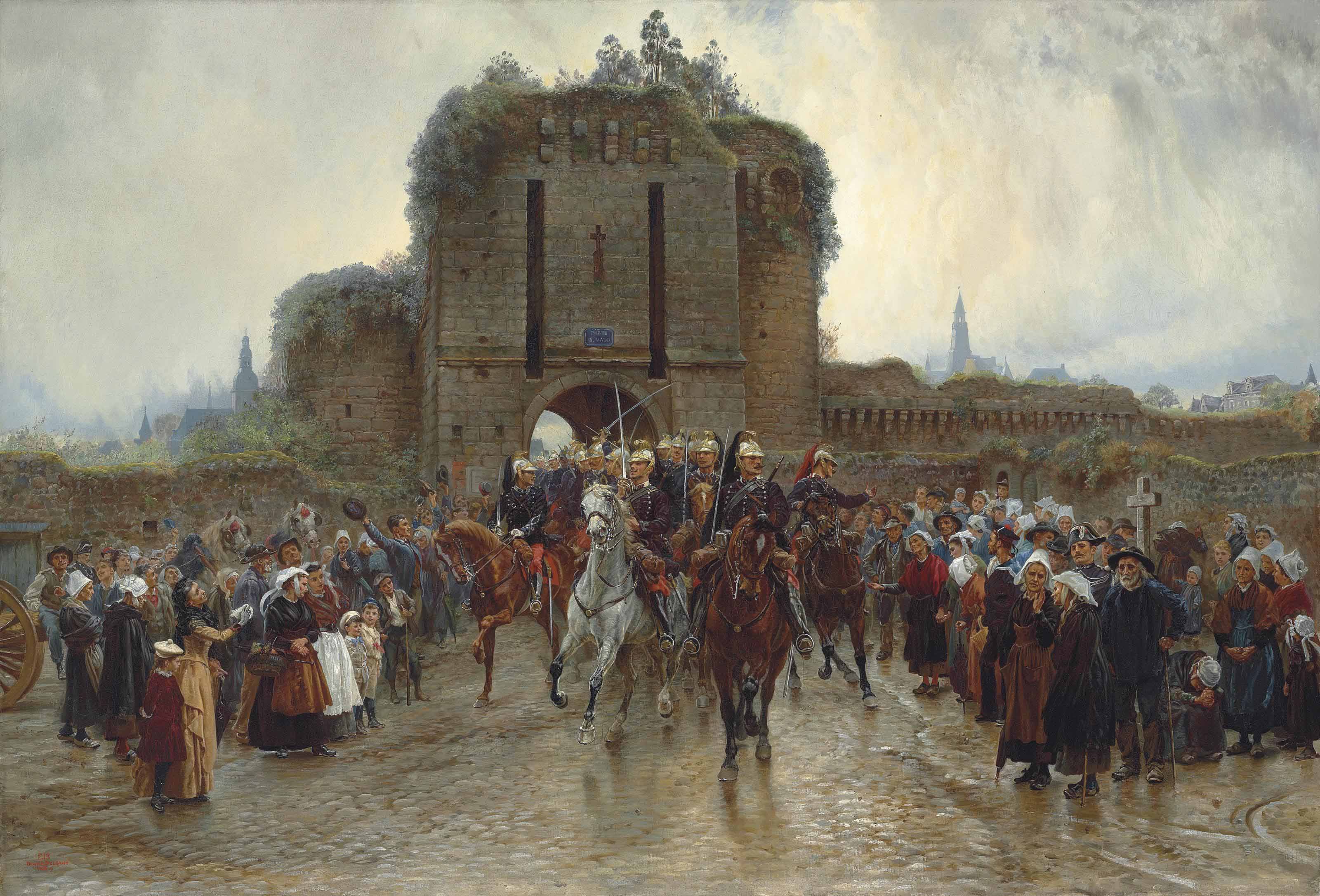 Elizabeth Southerden Thompson Lady Butler 1846 1933 To The Front French Cavalry Leaving A Breton City On The Declaration Of War Paintings Oil Christie S