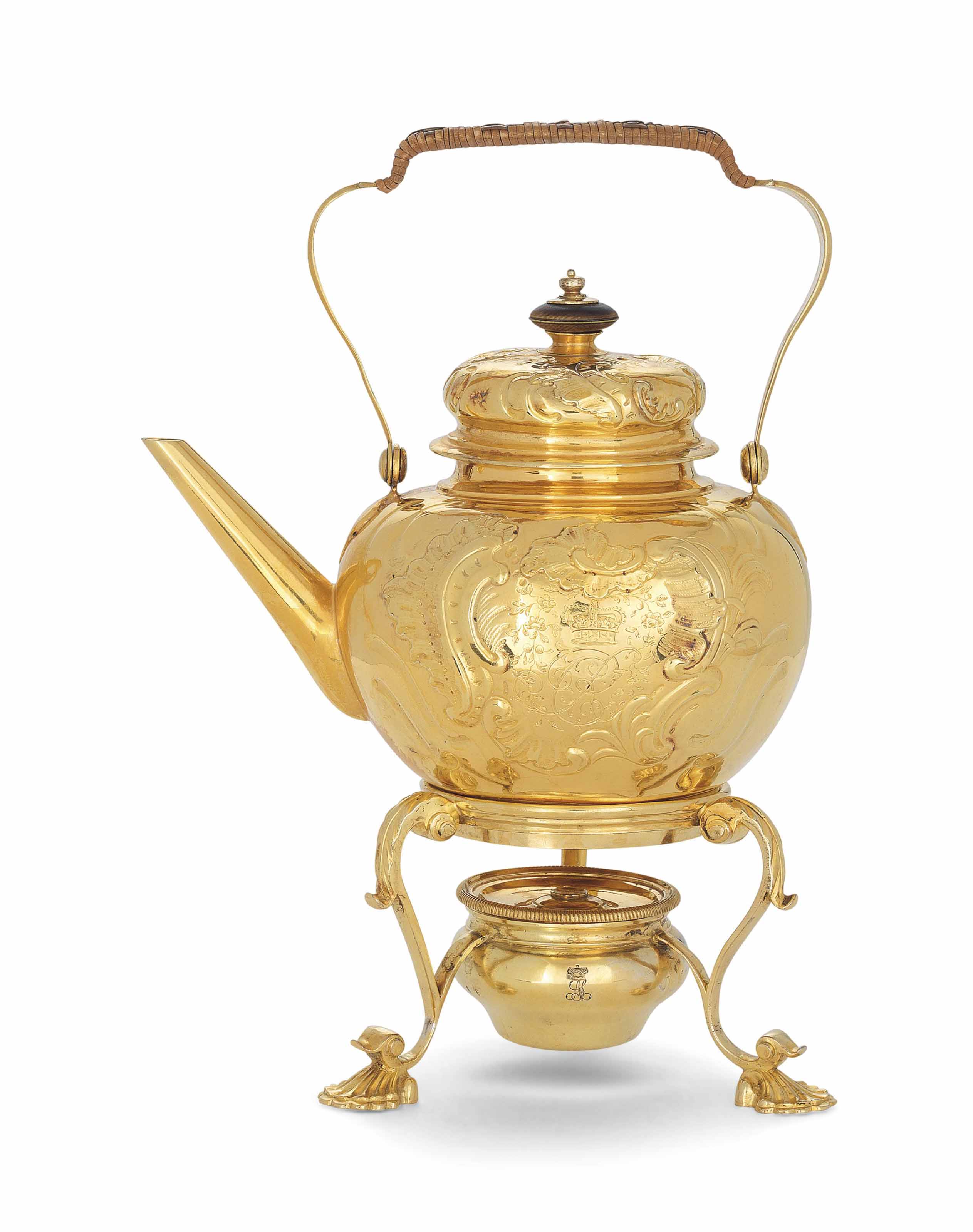 A GERMAN SILVERGILT KETTLE AND A III SILVERGILT STAND , THE