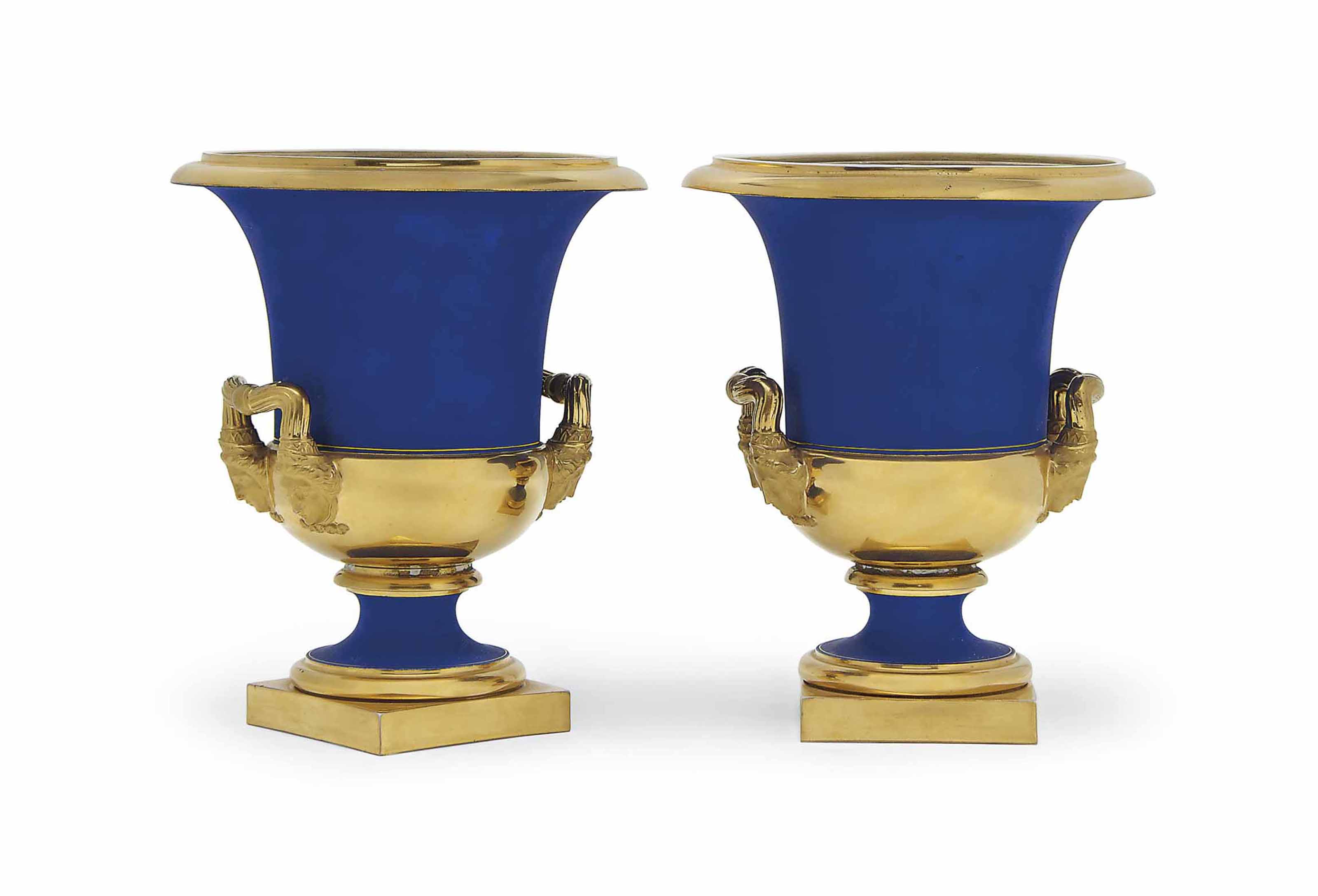 A PAIR OF NYMPHENBURG MATTE BLUE AND BURNISHED GOLDGROUND VASES
