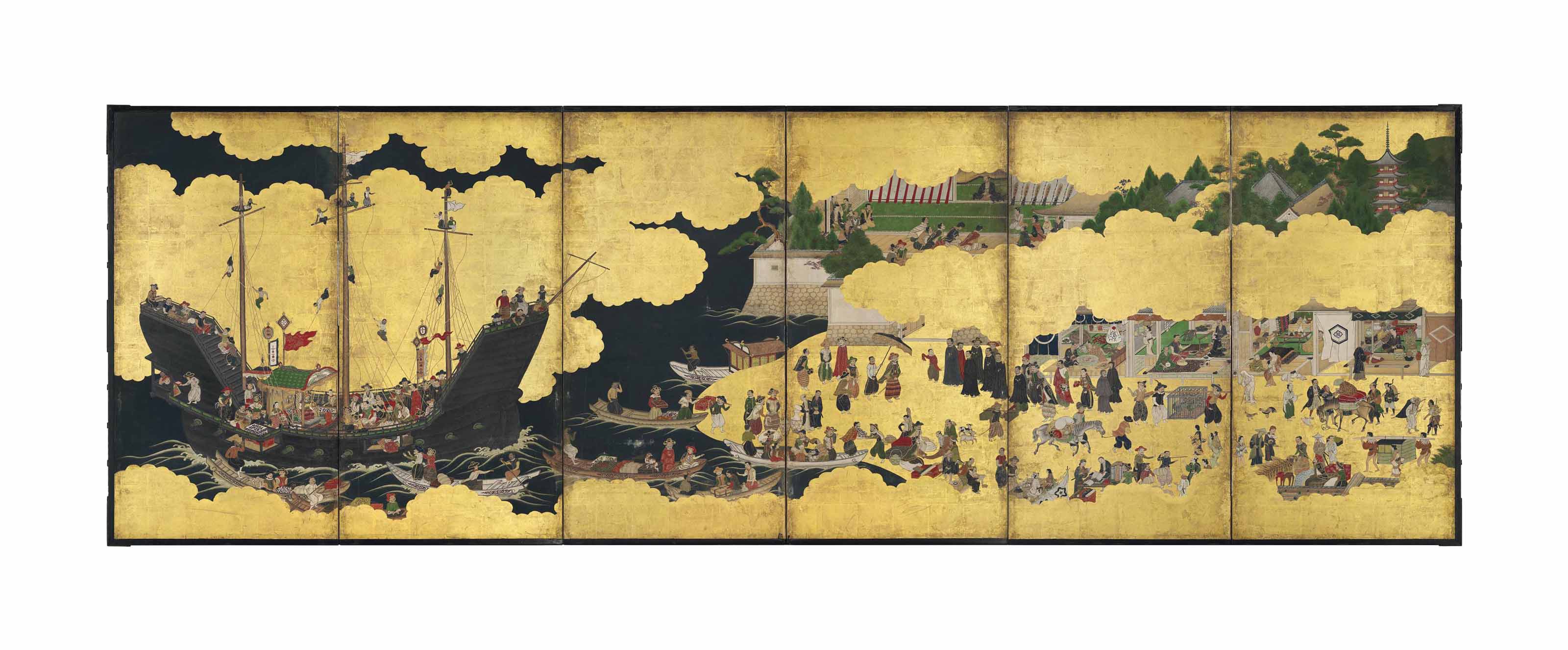 An Important Nanban SixFold Screen Depicting the Arrival of a
