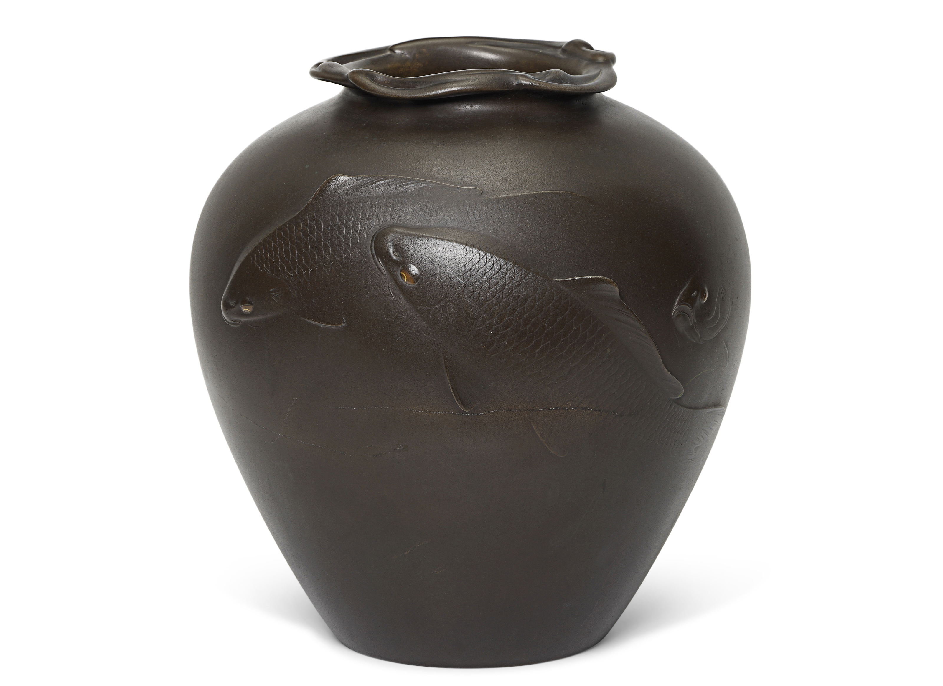 A Bronze Vase with Carp, SIGNED SHOUN AND KAKIHAN, MEIJI-TAISHO