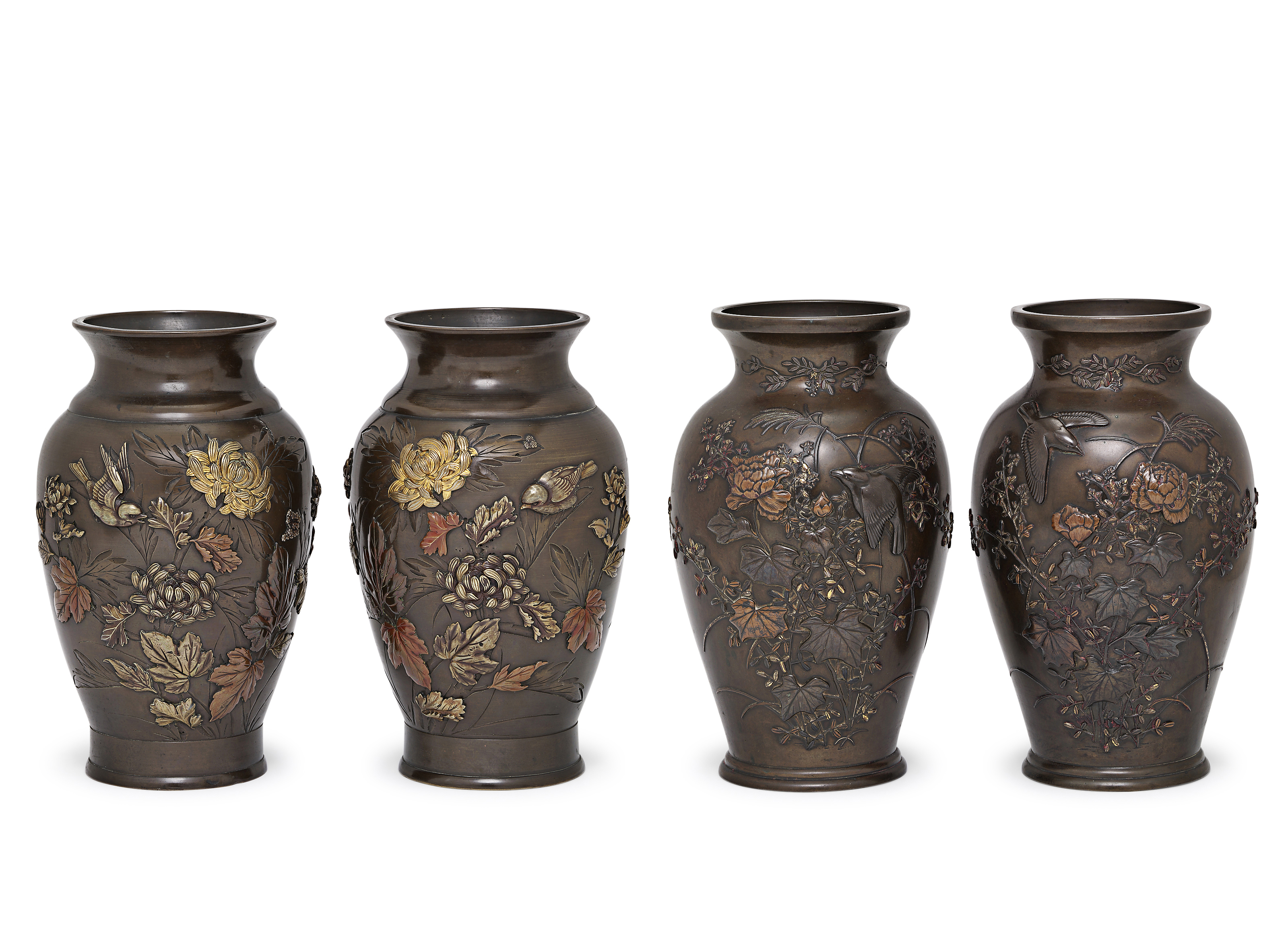 A Pair of Bronze Vases and Two Bronze Vases, EACH SIGNED, MEIJI