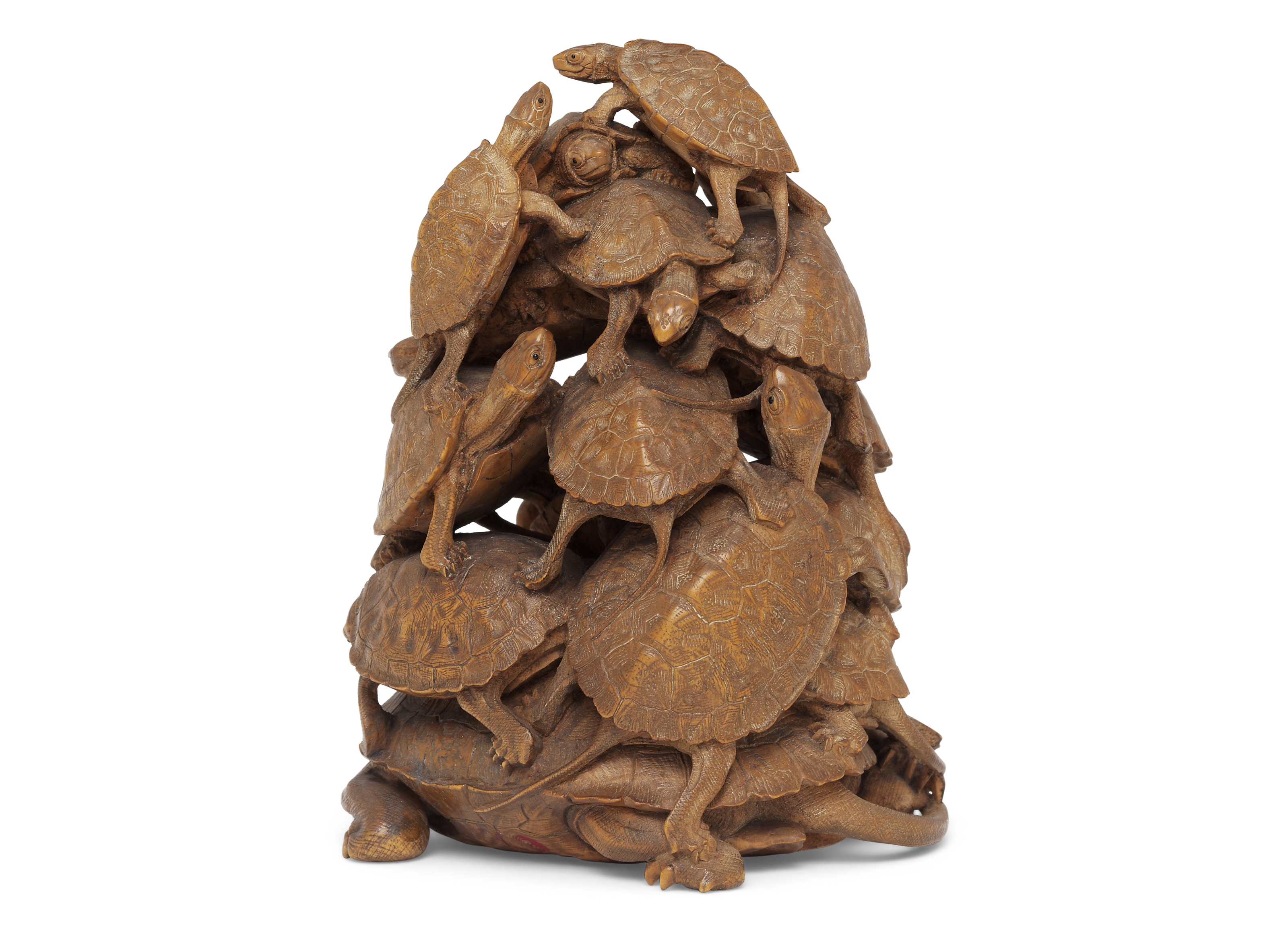 A Boxwood Sculpture of Turtles, SIGNED ON A COW BONE TABLET