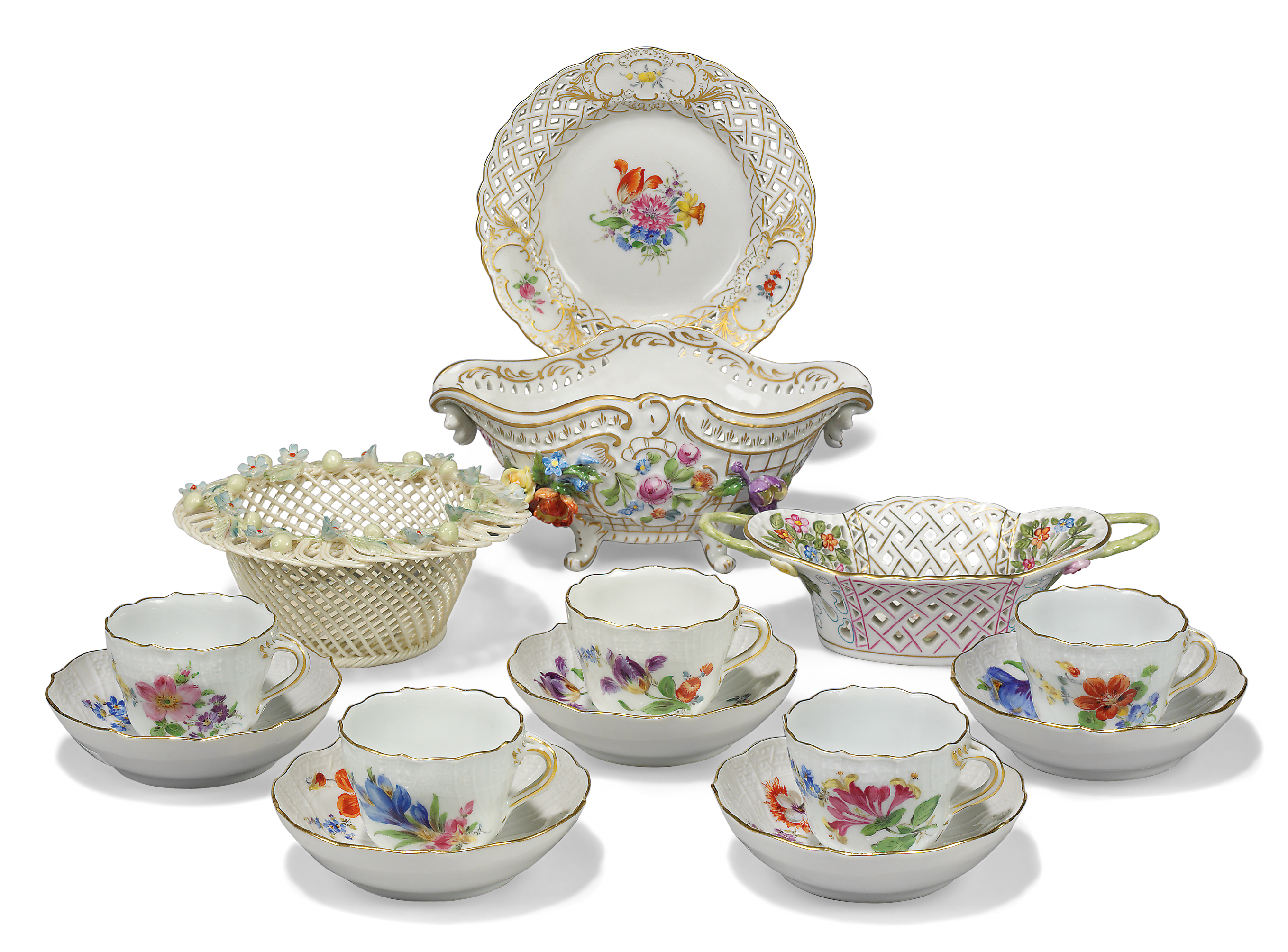 FIVE MEISSEN COFFEE-CUPS AND SAUCERS AND A MEISSEN SMALL SIDE