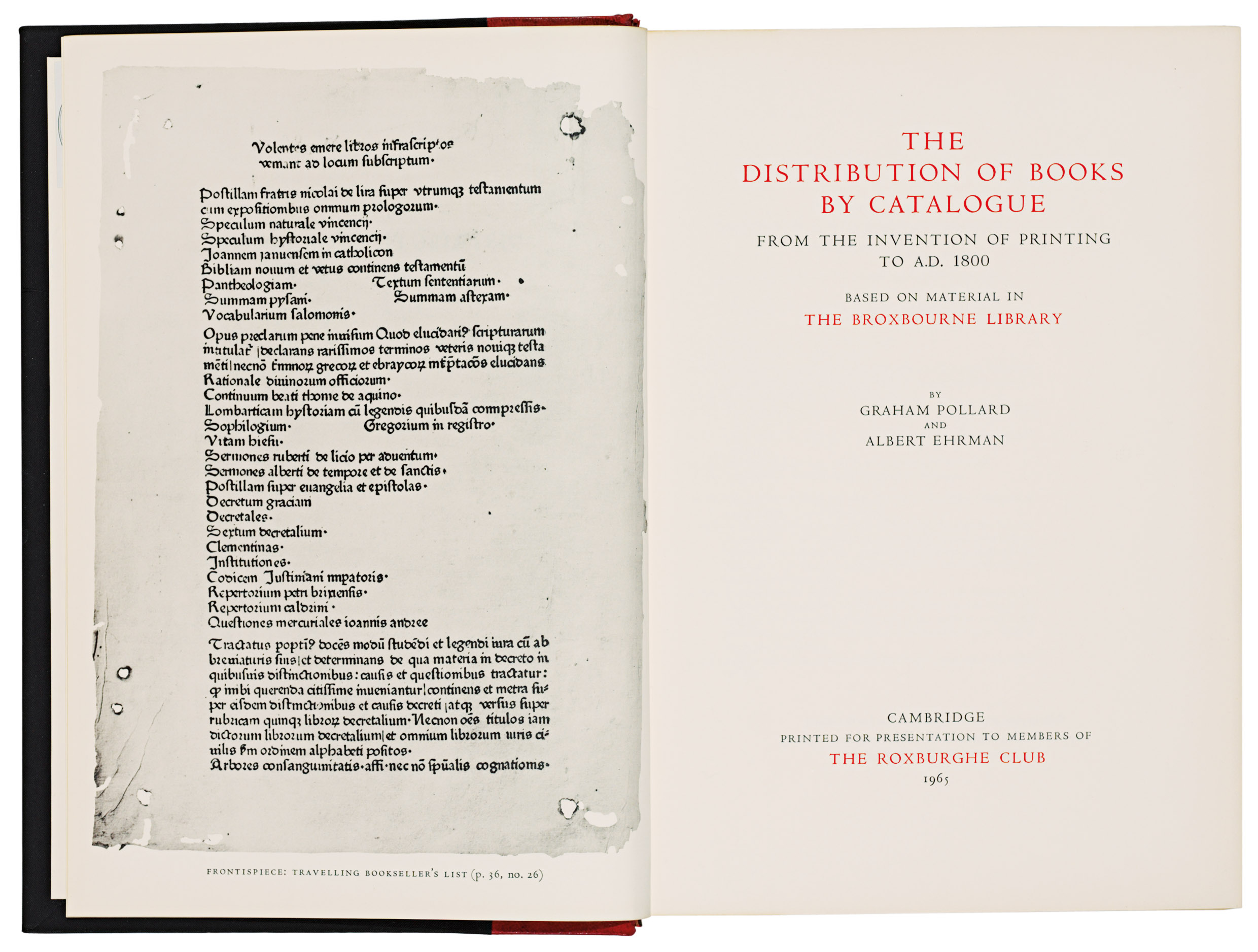 Roxburghe Club Pollard Graham And Albert Ehrman The Distribution Of Books By Catalogue From The Invention