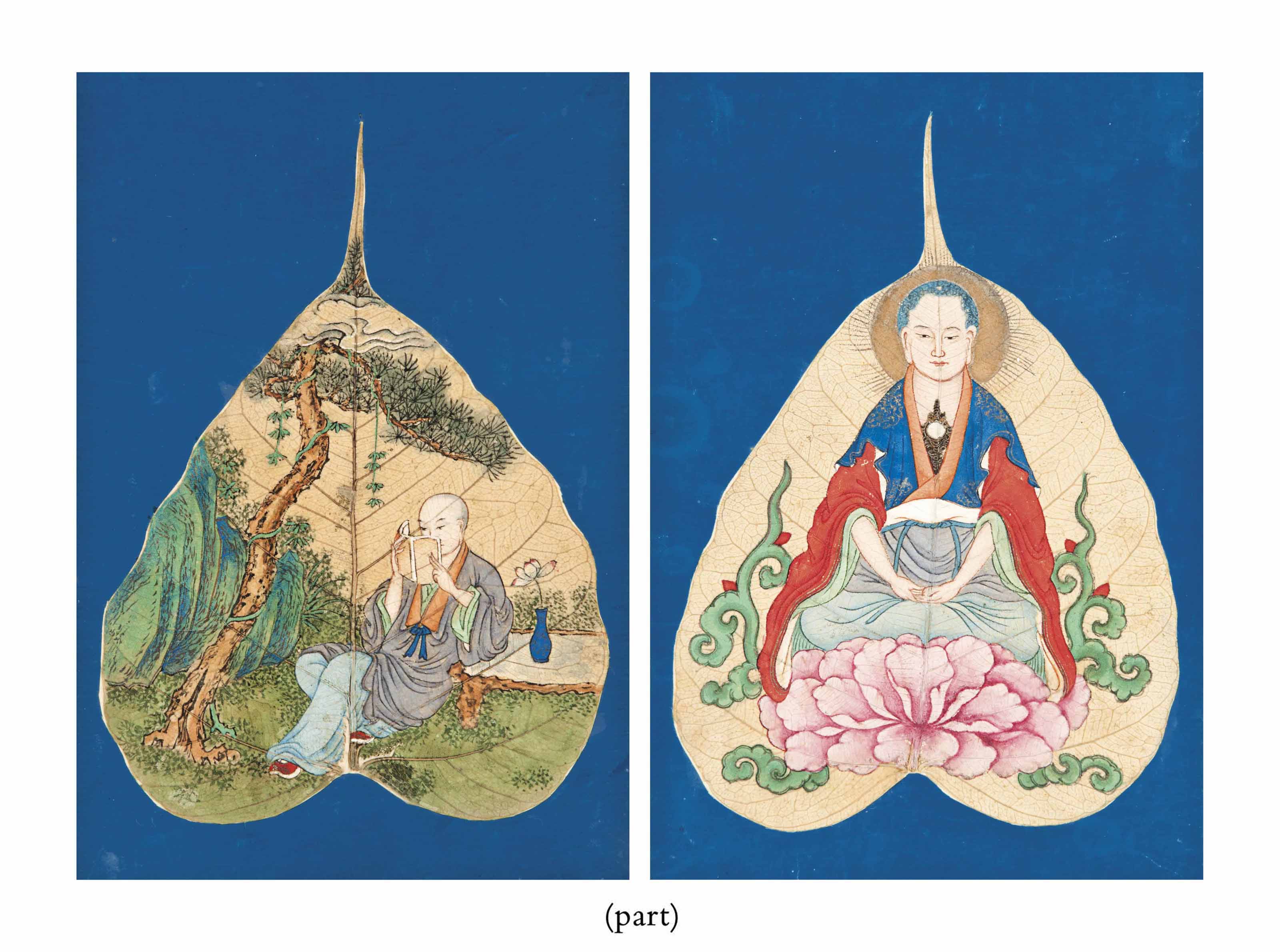 A Set Of Twelve Bodhi Tree Leaf Paintings 18th 19th Century