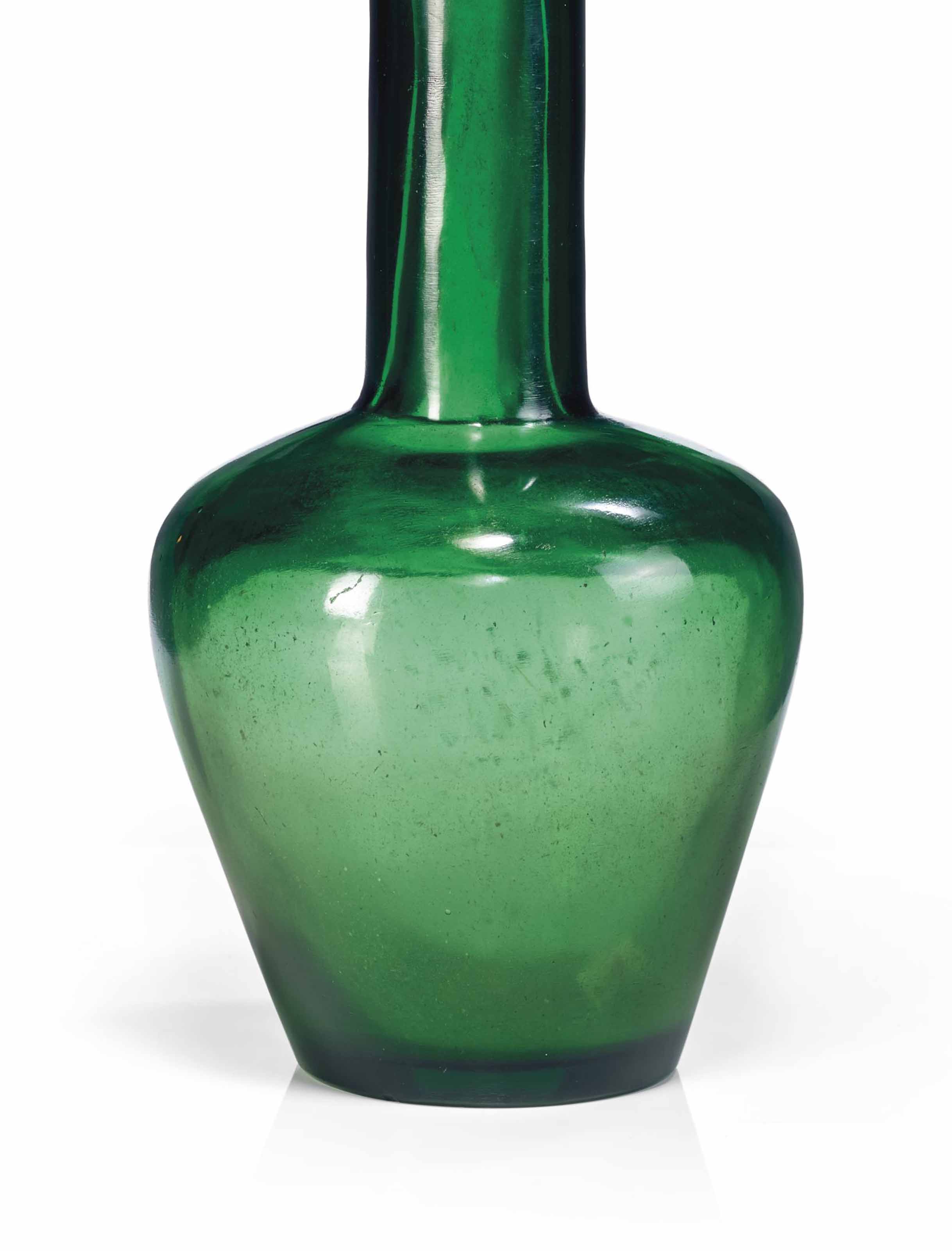A GREEN GLASS BOTTLE VASE , JIAQING INCISED FOURCHARACTER MARK WITHIN A DOUBLE SQUARE AND OF