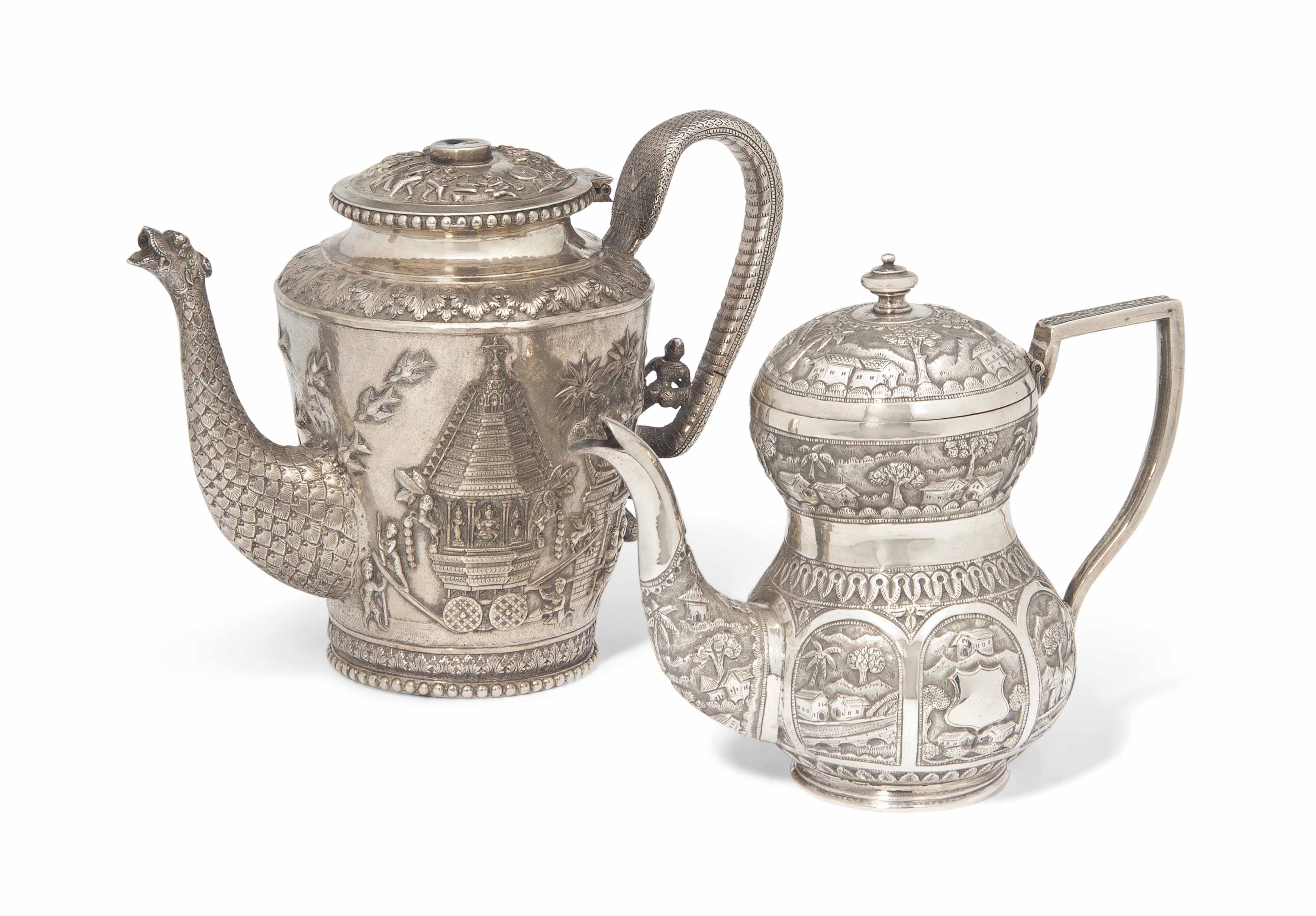 A BOMBAY THREEPIECE TEA SET AND A MADRAS COFFEE POT , INDIA, SECOND