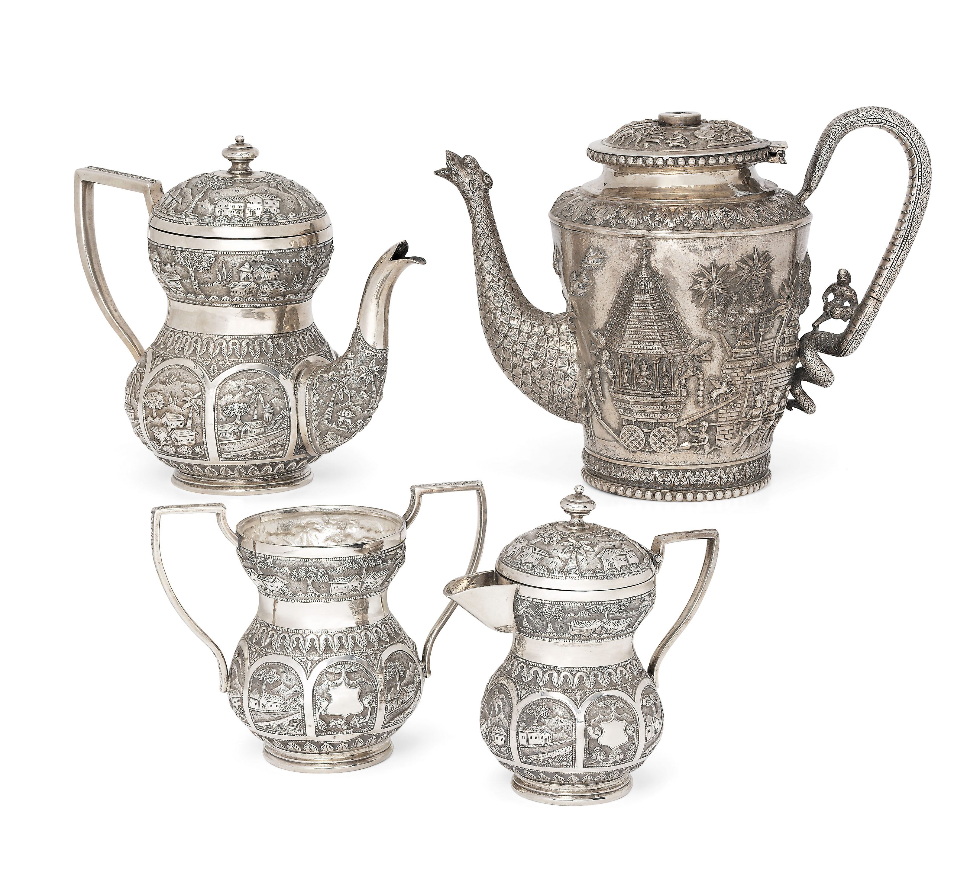 A BOMBAY THREEPIECE TEA SET AND A MADRAS COFFEE POT