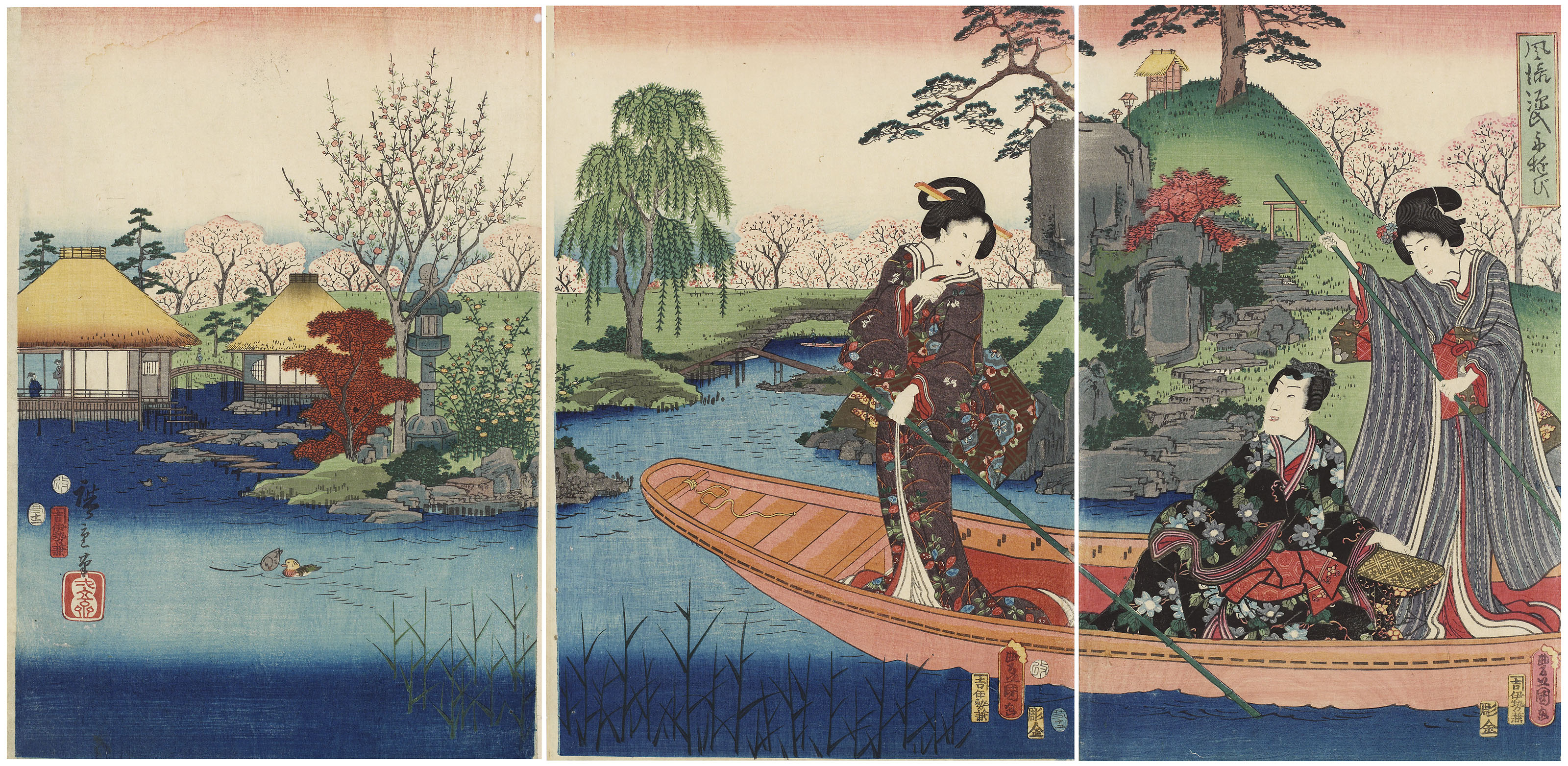 Utagawa Kunisada I (Toyokuni III) (1786–1864) Utagawa Hiroshige I  (1797–1858), FASHIONABLE GENJI ENJOYING A PLEASURE BOAT (FURYU GENJI FUNE  ASOBI) | Christie's