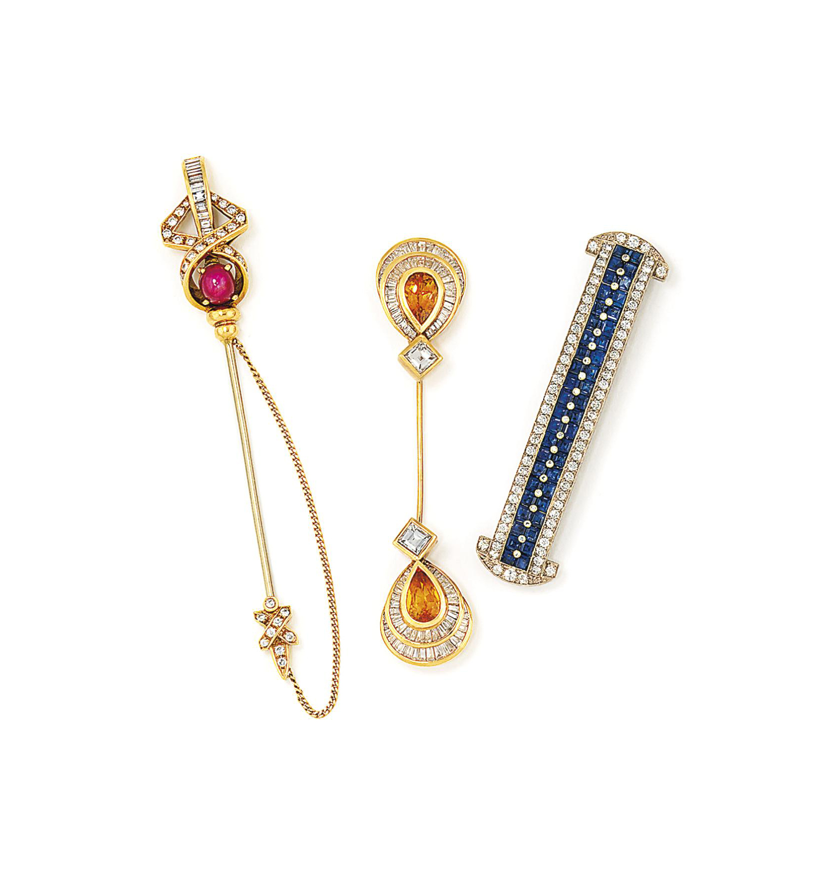 TWO GEMSET JABOT PINS AND A BROOCH