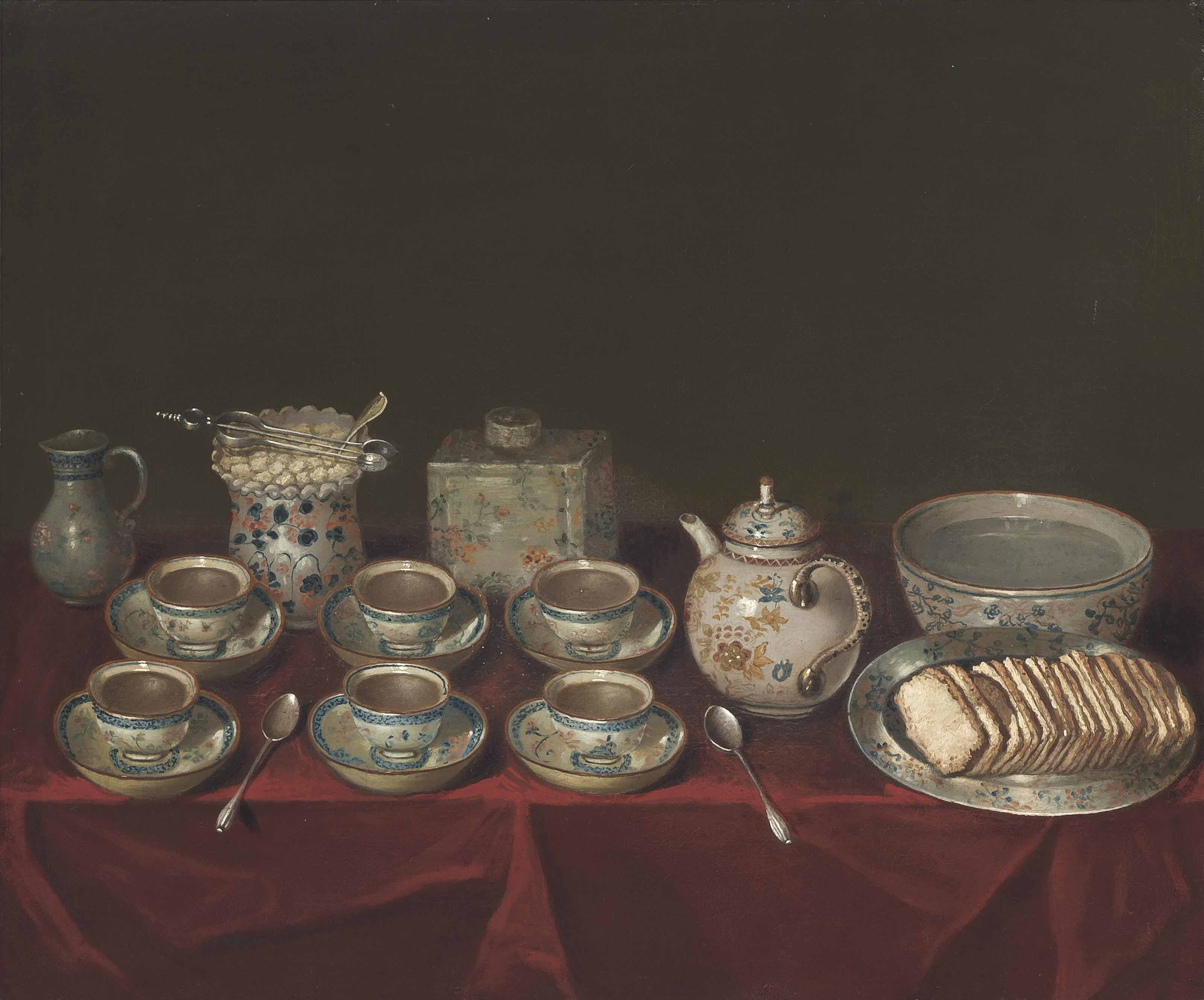 English School, 18th century , Porcelain tea cups, a teapot, a jug, sugar bowl, silver spoons
