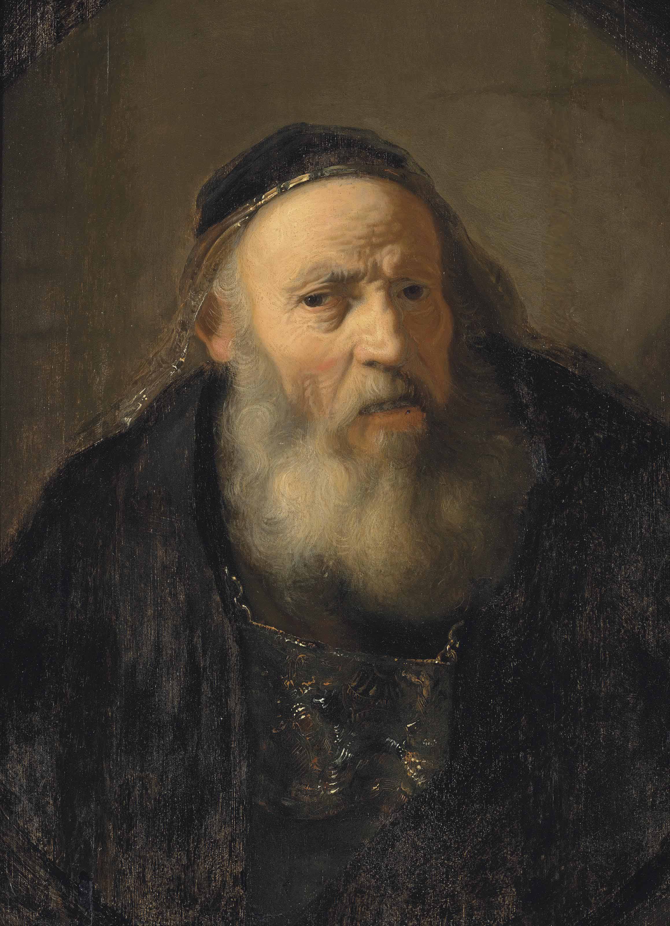 Portrait of an old man, half-length, in a black mantle and a black, gold-rimmed skullcap