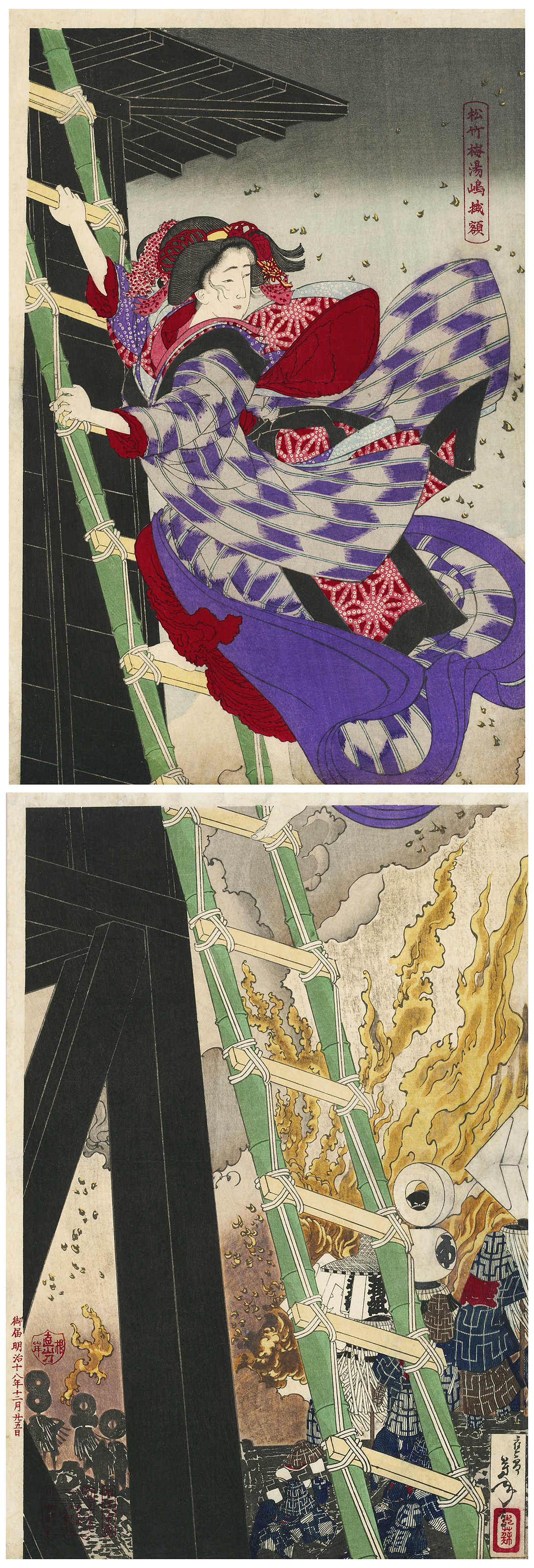 Tsukioka Yoshitoshi (1839–1892), YAOYA OSHICHI CLIMBING THE FIRE