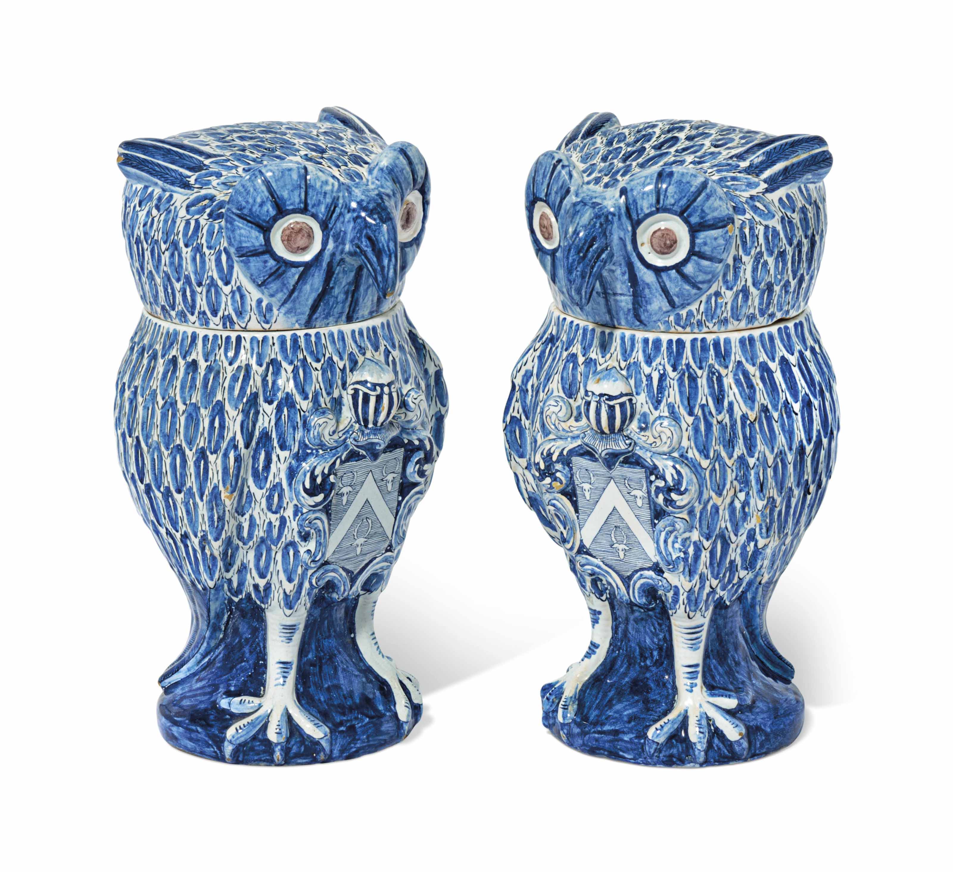 owl tobacco jar A PAIR OF DUTCH DELFT BLUE AND WHITE ARMORIAL TOBACCO JARS AND COVERS, 19TH  CENTURY, BLUE PAINTED WK MONOGRAMS