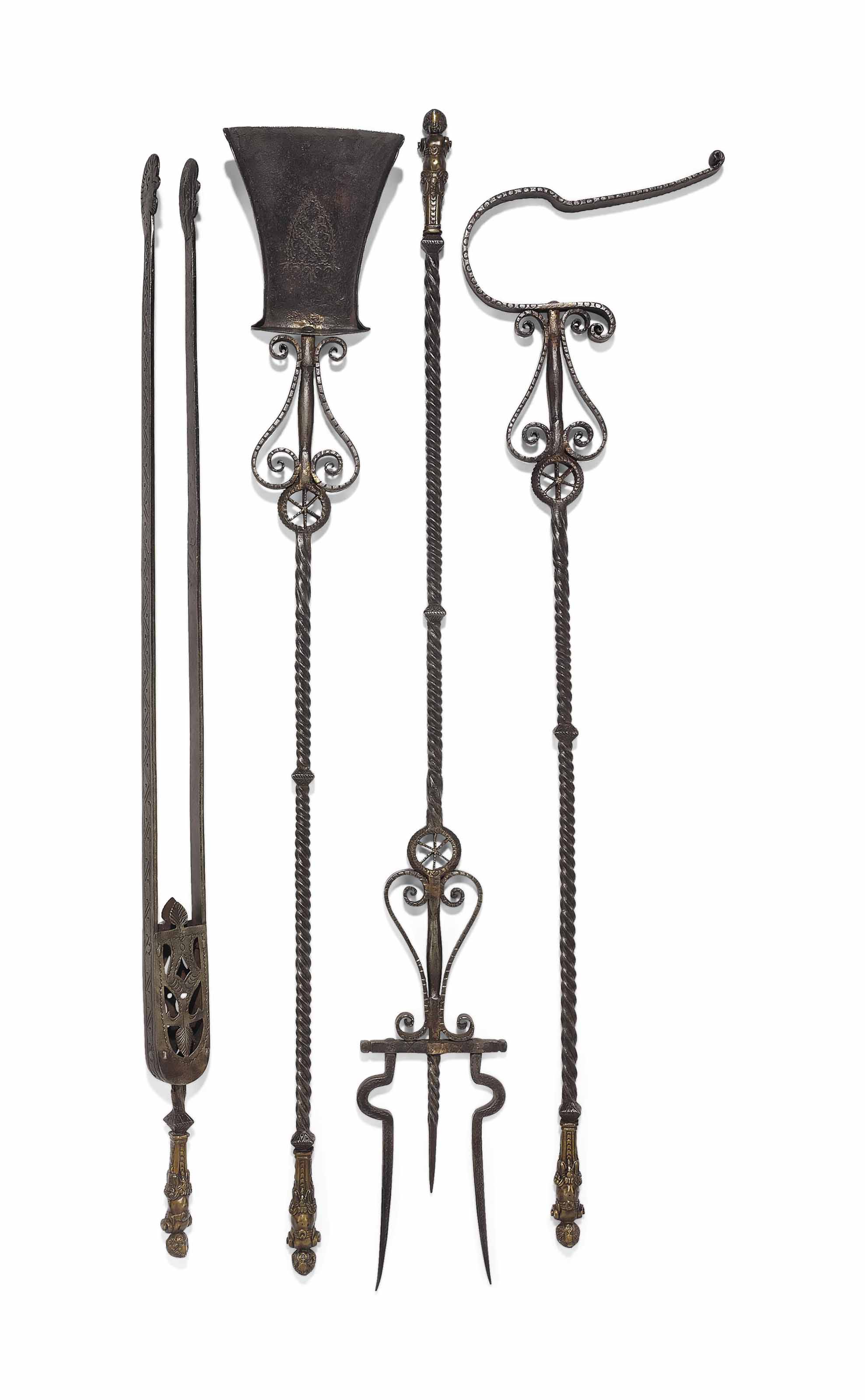 A SET OF FOUR ITALIAN WROUGHTIRON FIRETOOLS , OF RENAISSANCE STYLE