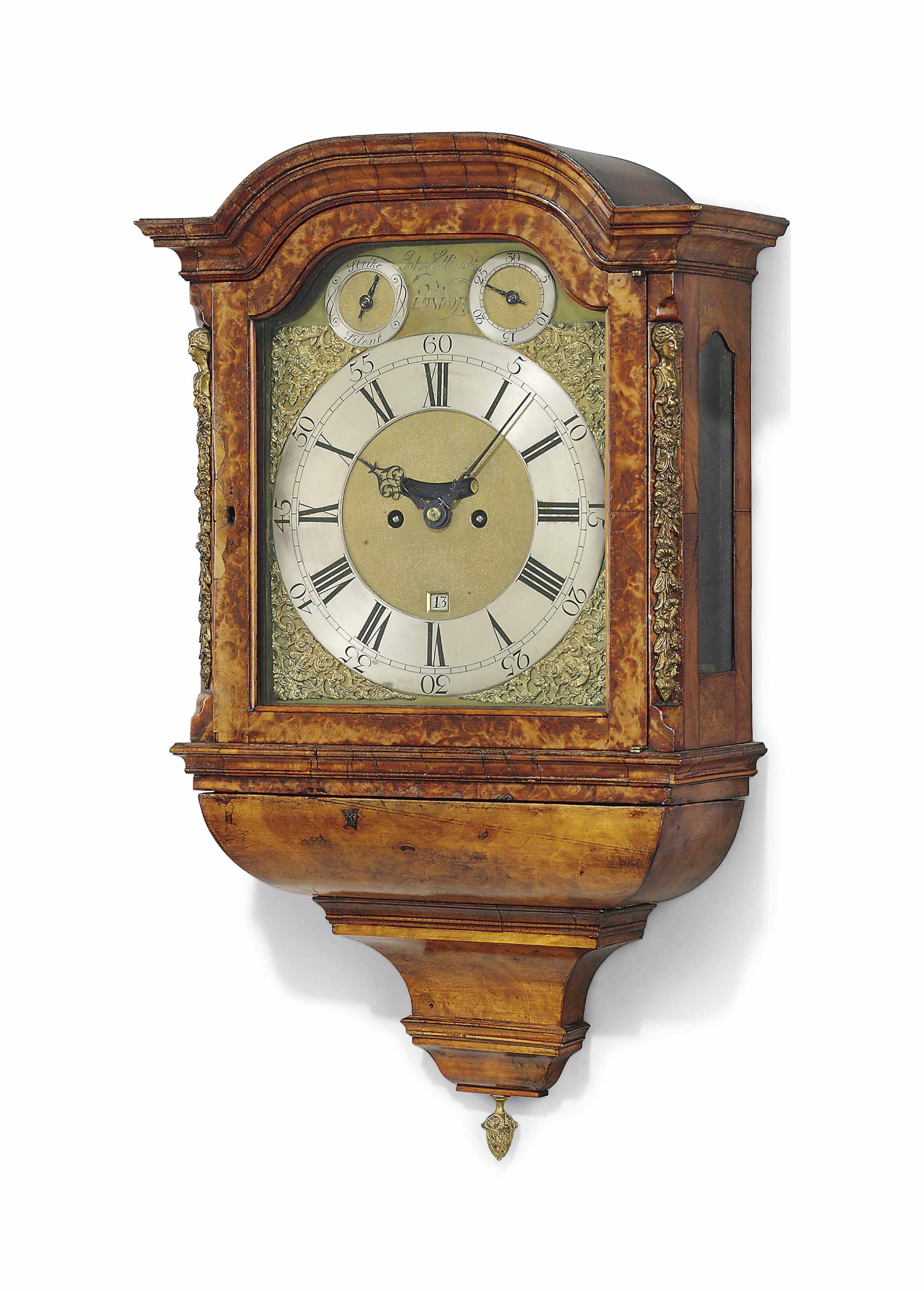 A II WALNUT EIGHTDAY STRIKING HOODED WALL CLOCK , JOHN ELLICOTT