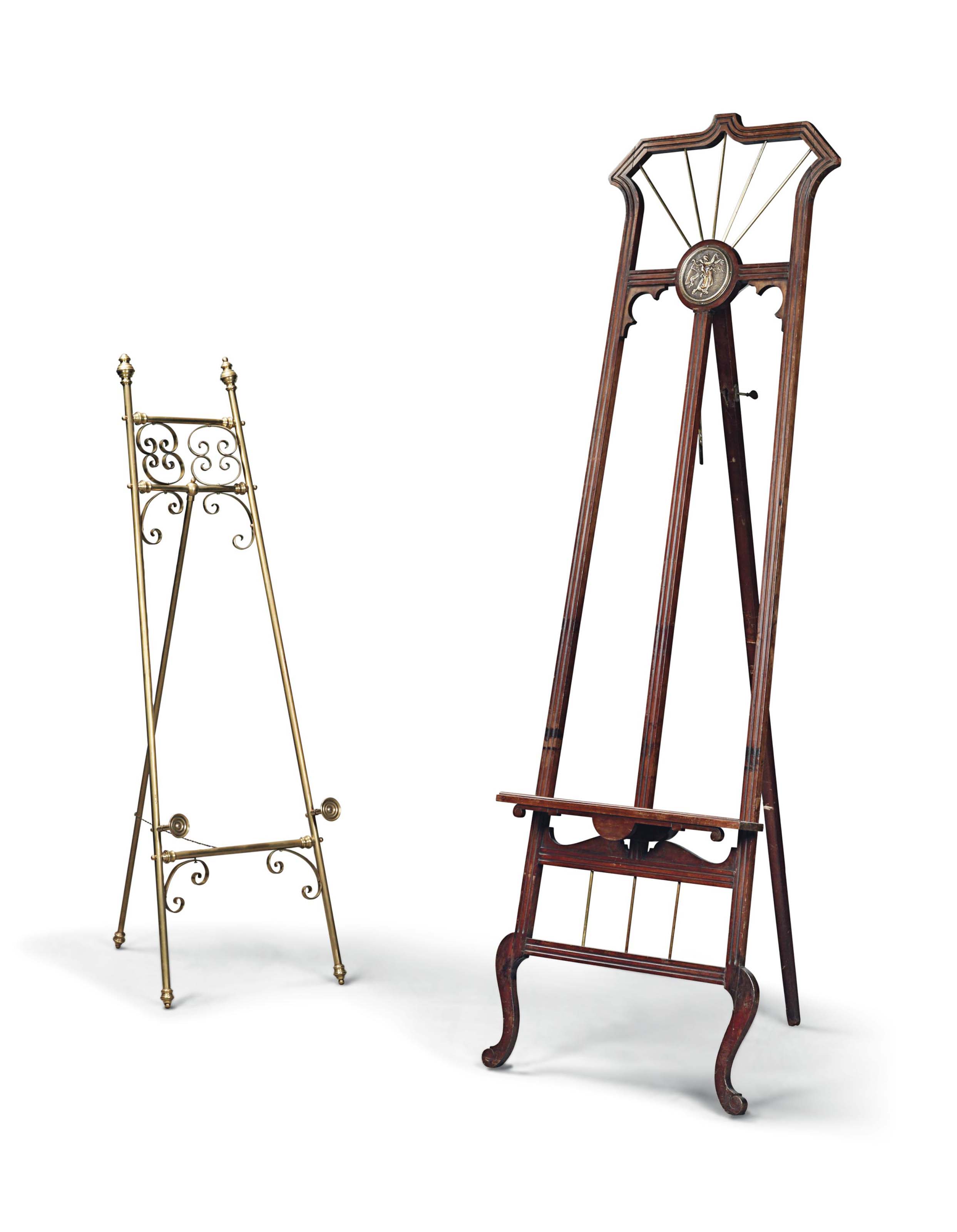 TWO GALLERY EASELS , ONE MAHOGANY AND BRASS, CIRCA 1900, THE OTHER