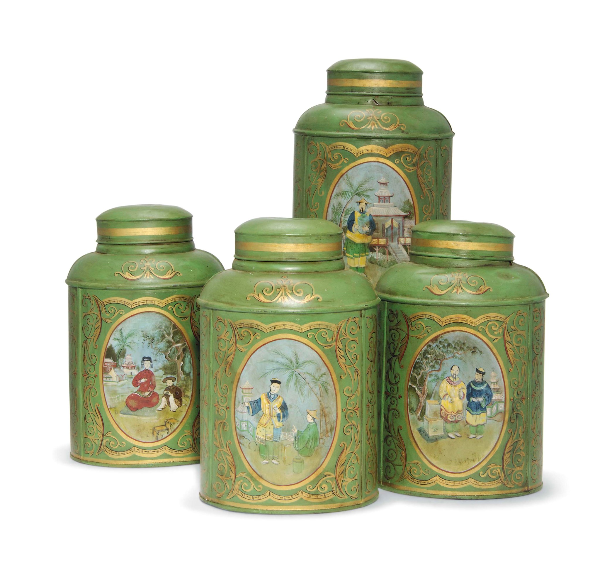 A SET OF FOUR VICTORIAN TINPLATE TEA CANISTERS, MID19TH CENTURY