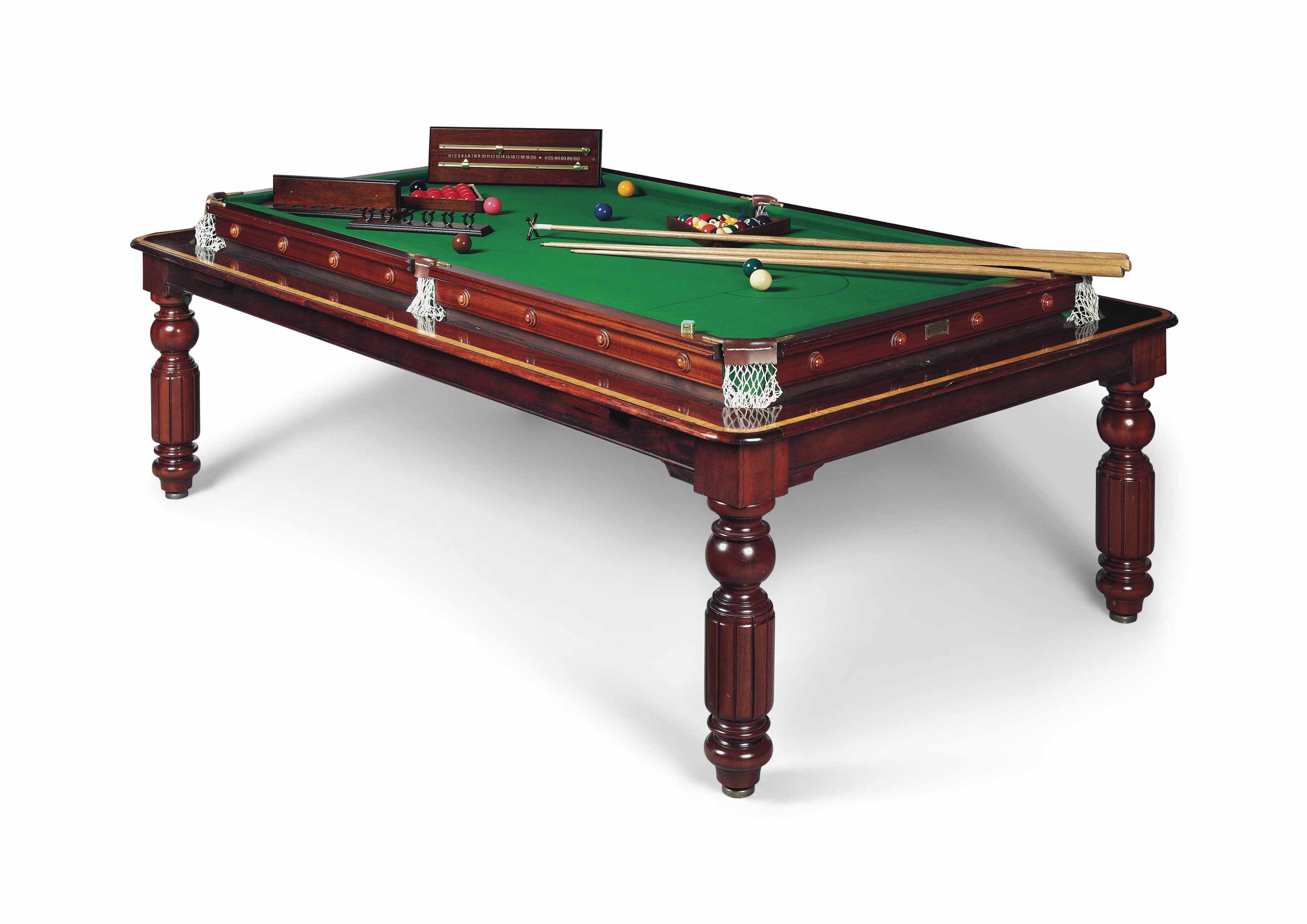 AN ENGLISH SATINWOODBANDED MAHOGANY SNOOKER/DINING TABLE , BY SIR