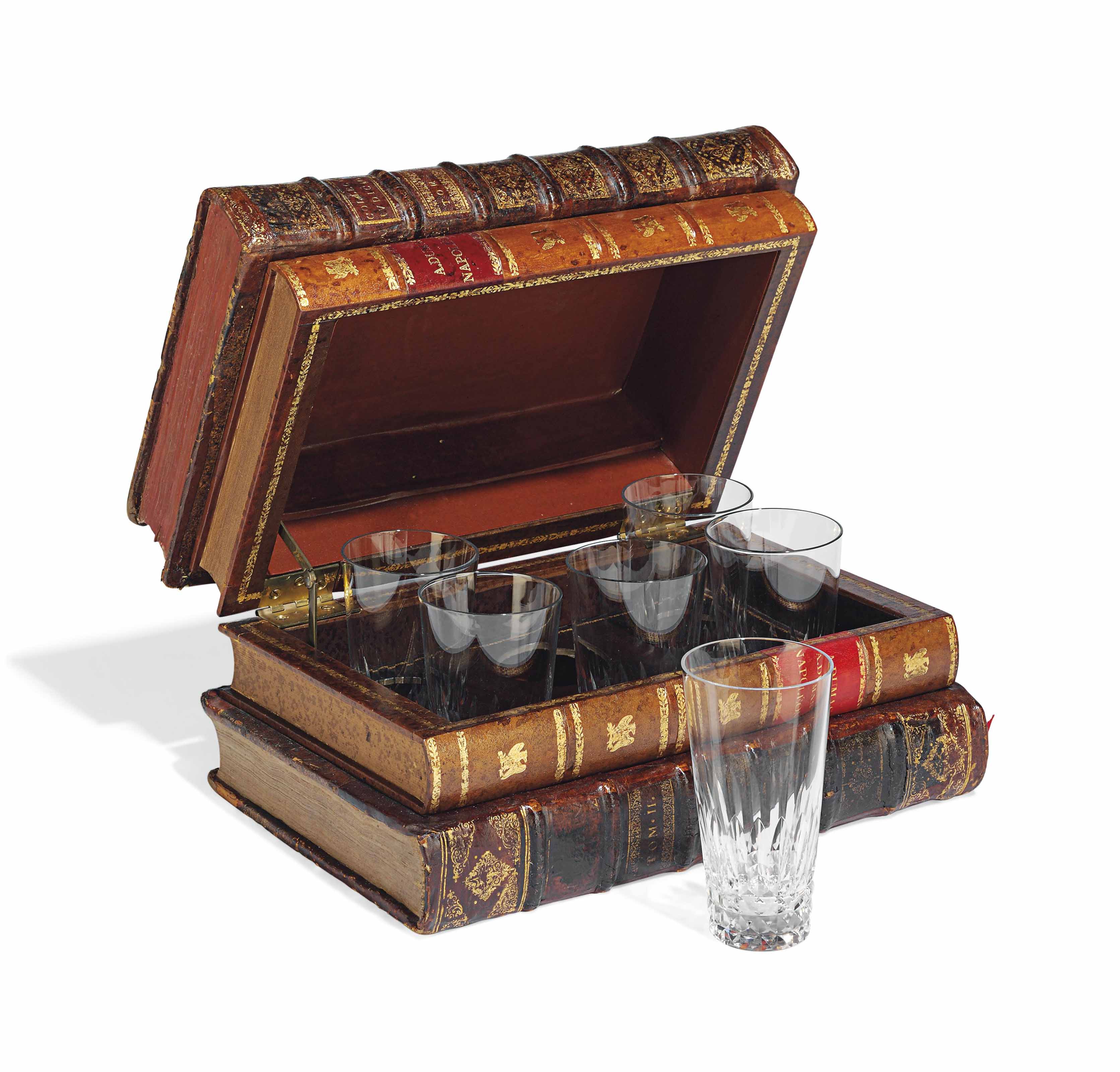 A FRENCH GILTTOOLED LEATHER 'NOVELTY' BOOK DECANTER CASE , 20TH