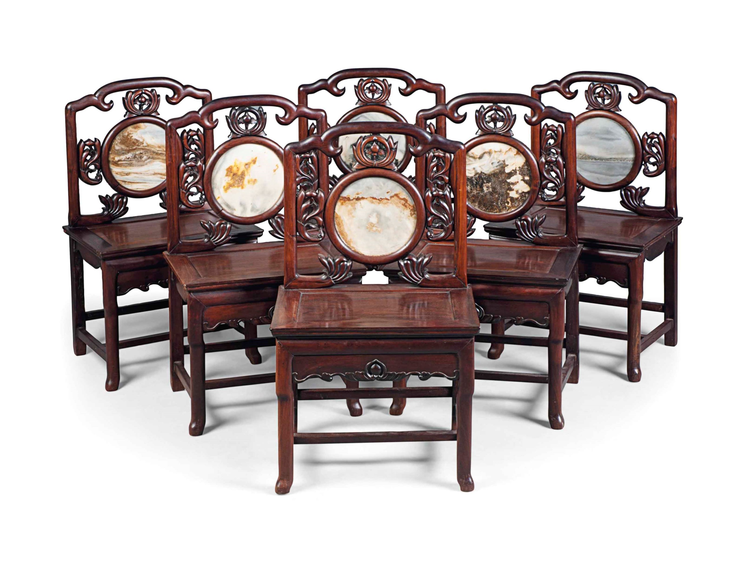 A SET OF SIX CHINESE MARBLEINSET HONGMU CHAIRS