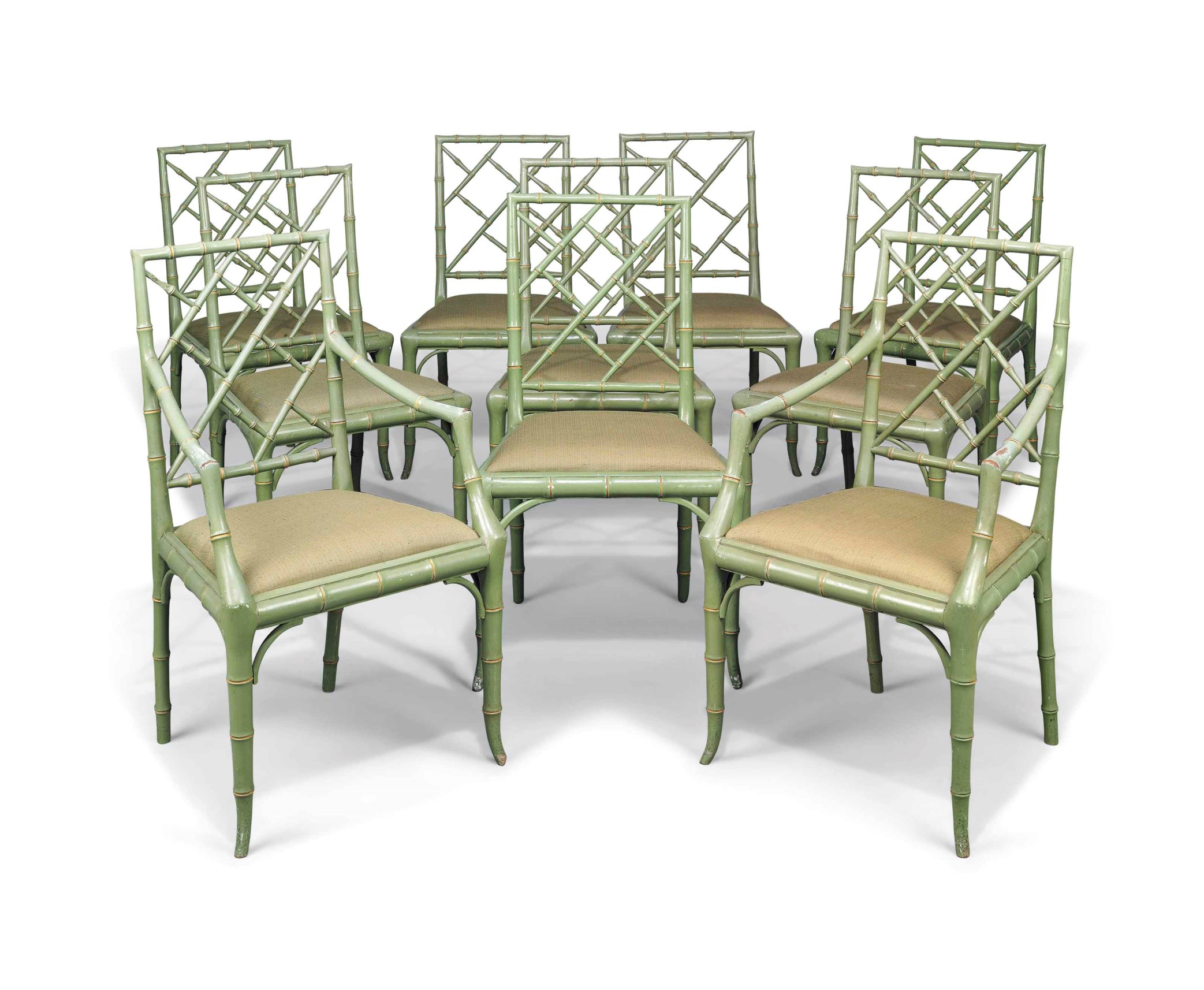 A SET OF TEN PALE-GREEN PAINTED DINING CHAIRS